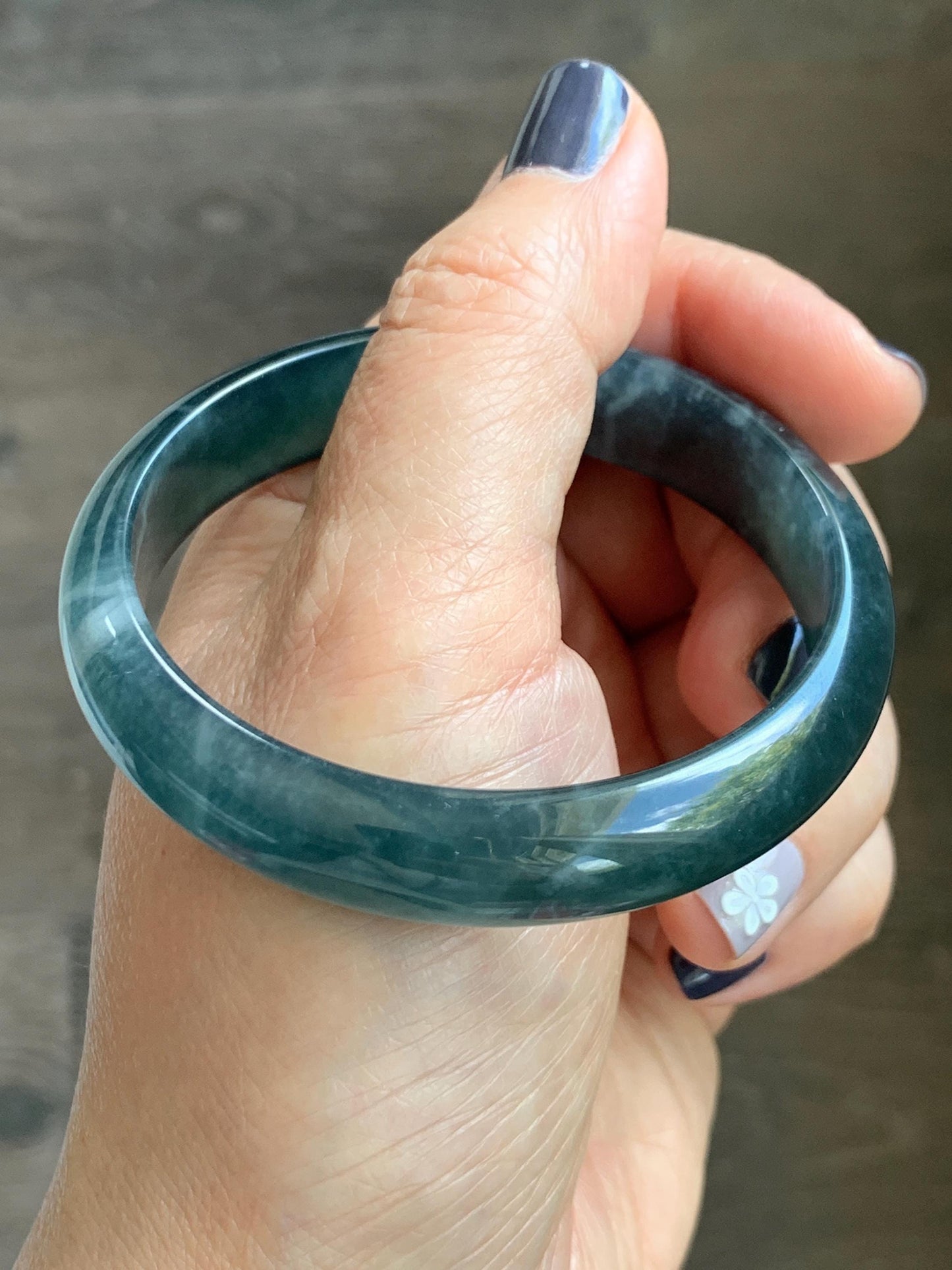 Certified Natural Grade A Guatemalan Icy Translucent Dark Aegean Blue Jade Jadeite Wide Bangle 56mm 6.93” 38g 天然冰危深蓝翡翠正圈宽版手镯 501