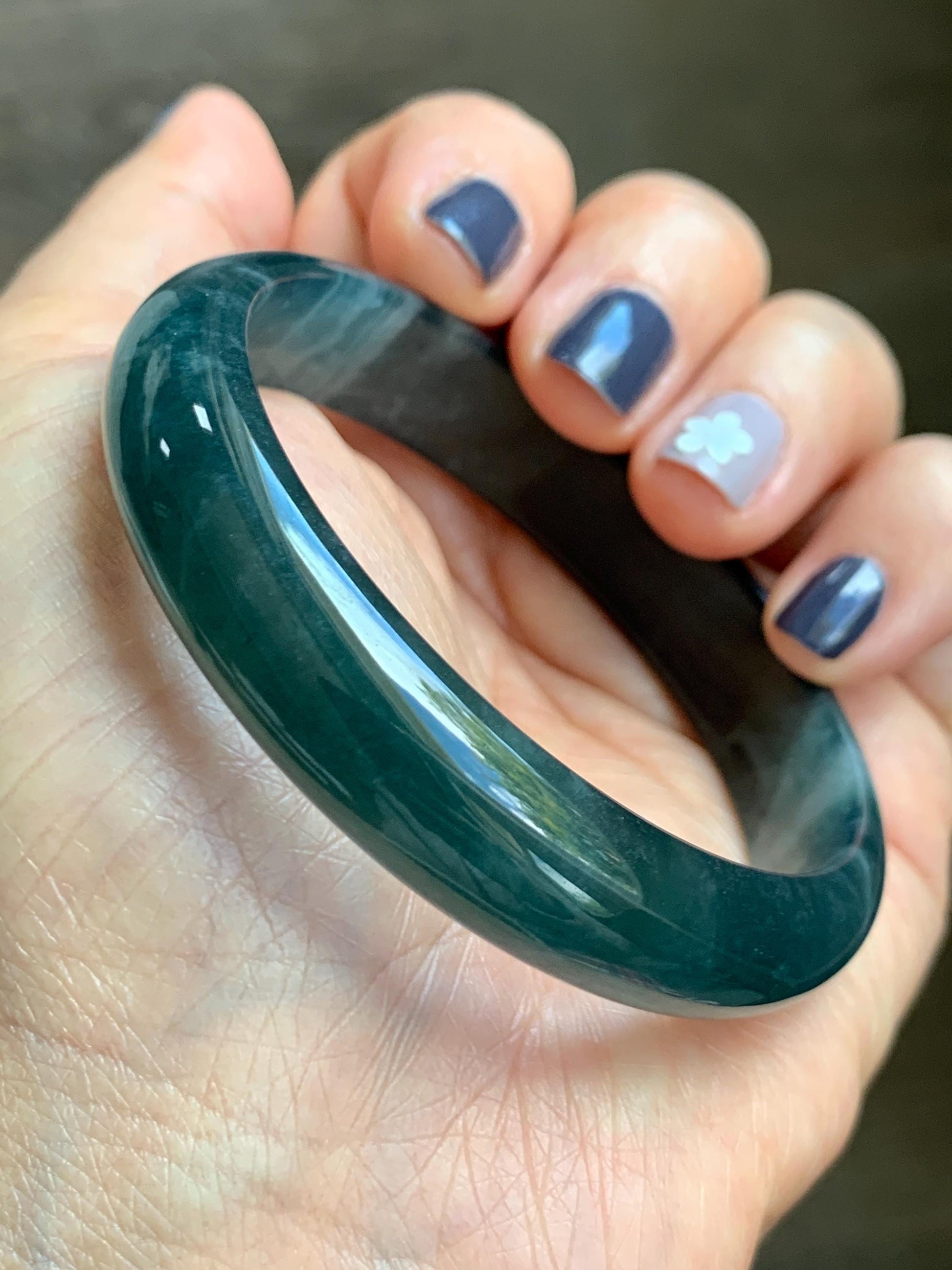 Certified Natural Grade A Guatemalan Icy Translucent Dark Aegean Blue Jade Jadeite Wide Bangle 56mm 6.93” 38g 天然冰危深蓝翡翠正圈宽版手镯 501