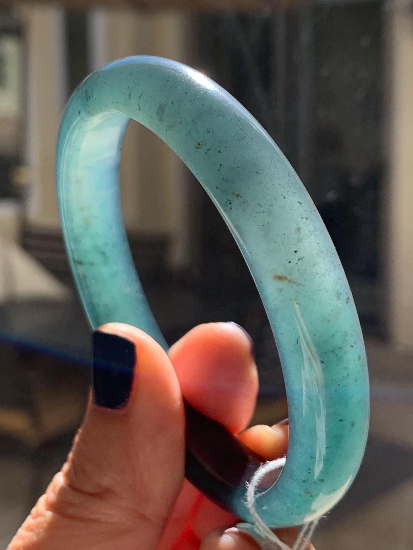 Certified Natural Grade A Guatemalan Icy Translucent Dark Aegean Blue Jade Jadeite Wide Bangle 56.7mm 7” 39g 天然冰危深蓝翡翠正圈宽版手镯 496