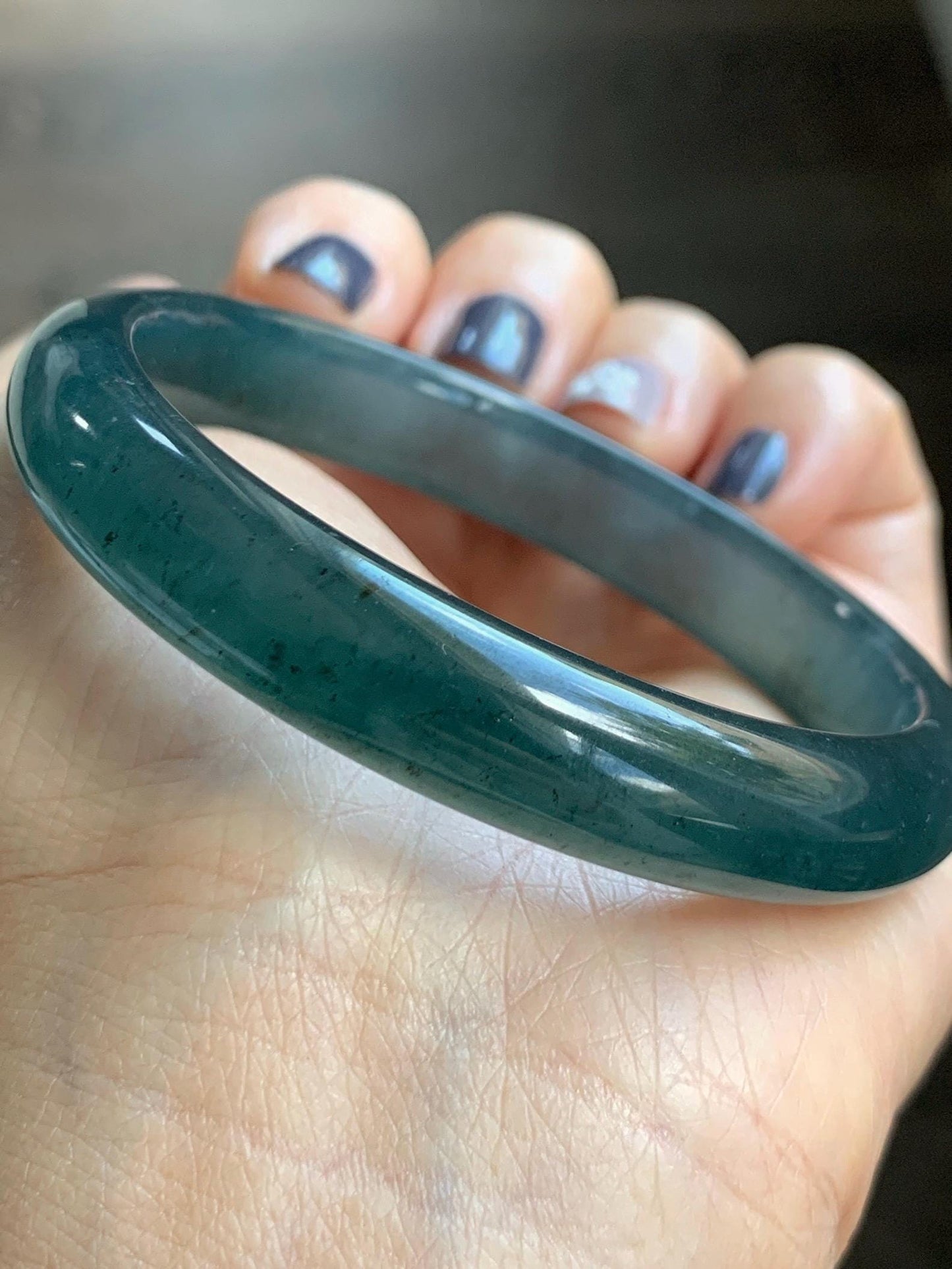 Certified Natural Grade A Guatemalan Icy Translucent Dark Aegean Blue Jade Jadeite Wide Bangle 56.7mm 7” 39g 天然冰危深蓝翡翠正圈宽版手镯 496