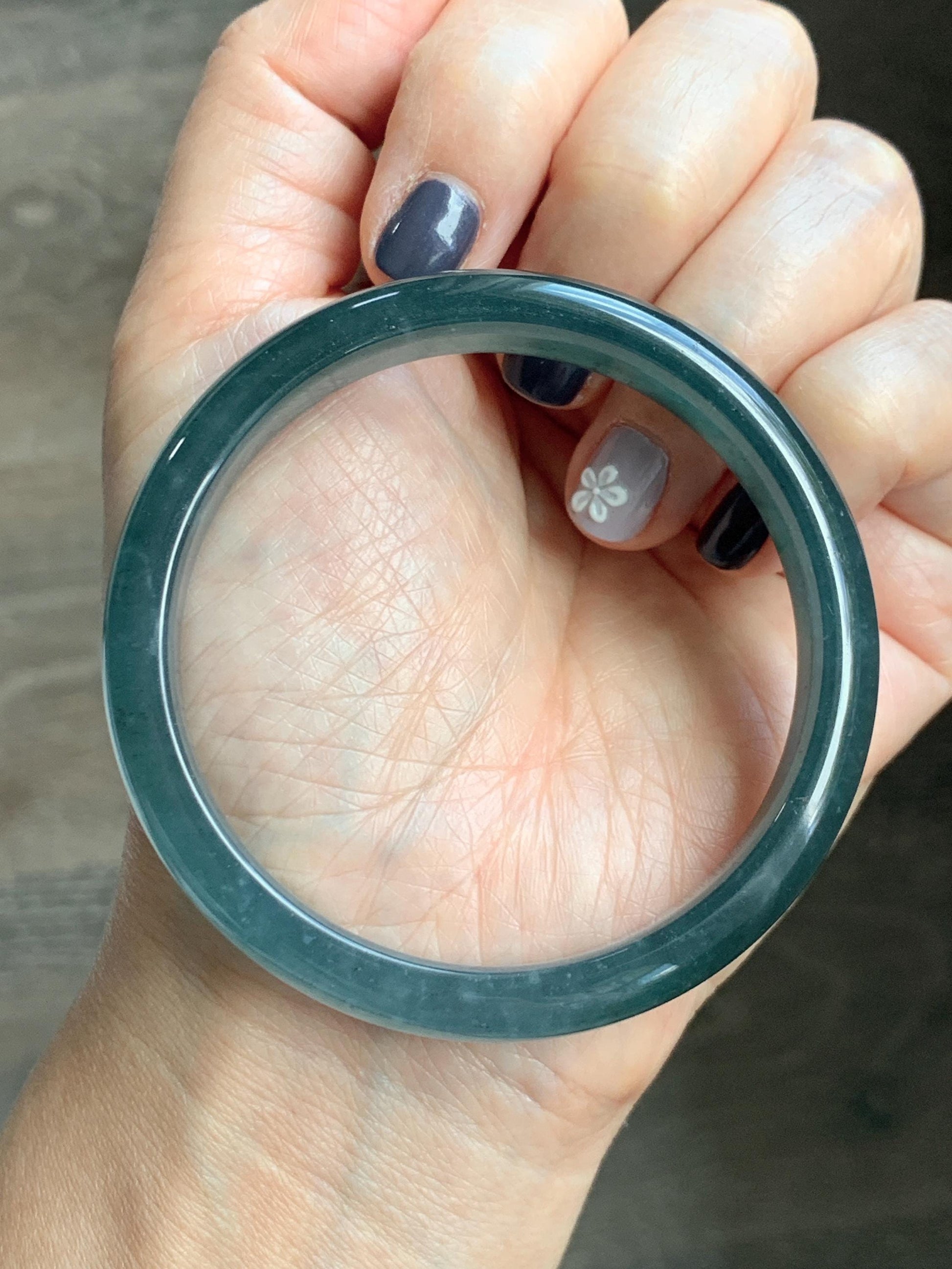Certified Natural Grade A Guatemalan Icy Translucent Dark Aegean Blue Jade Jadeite Wide Bangle 56.7mm 7” 39g 天然冰危深蓝翡翠正圈宽版手镯 496