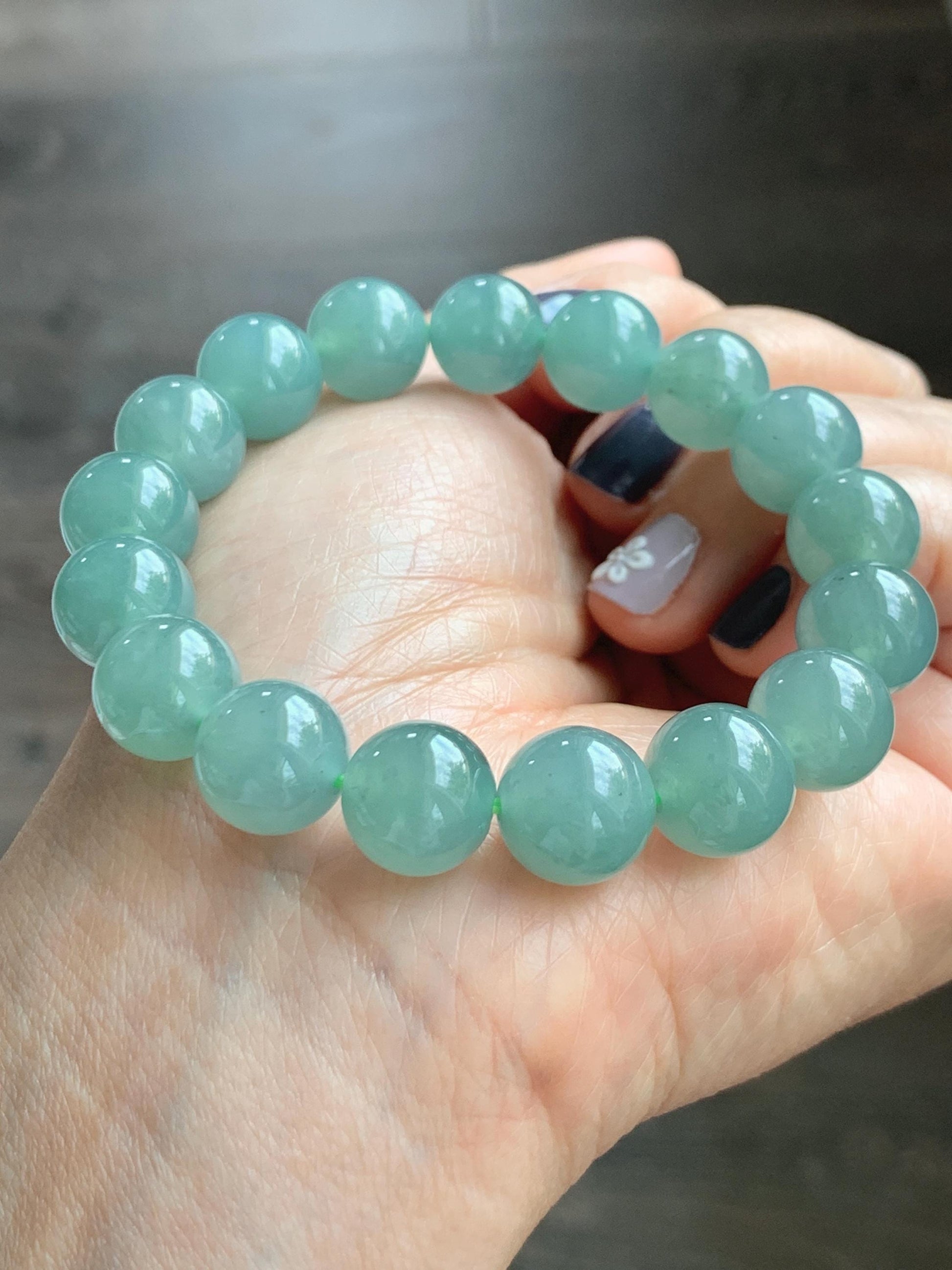 Natural Grade A Guatemalan Icy Translucent Teal Green Jade Jadeite Beaded Bracelet 11.7mm 7.25” 46g 天然冰危蓝绿翡翠大圆珠手串 WDL350