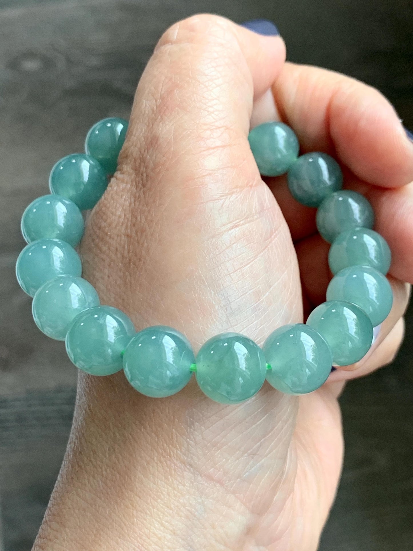 Natural Grade A Guatemalan Icy Translucent Teal Green Jade Jadeite Beaded Bracelet 11.7mm 7.25” 46g 天然冰危蓝绿翡翠大圆珠手串 WDL350