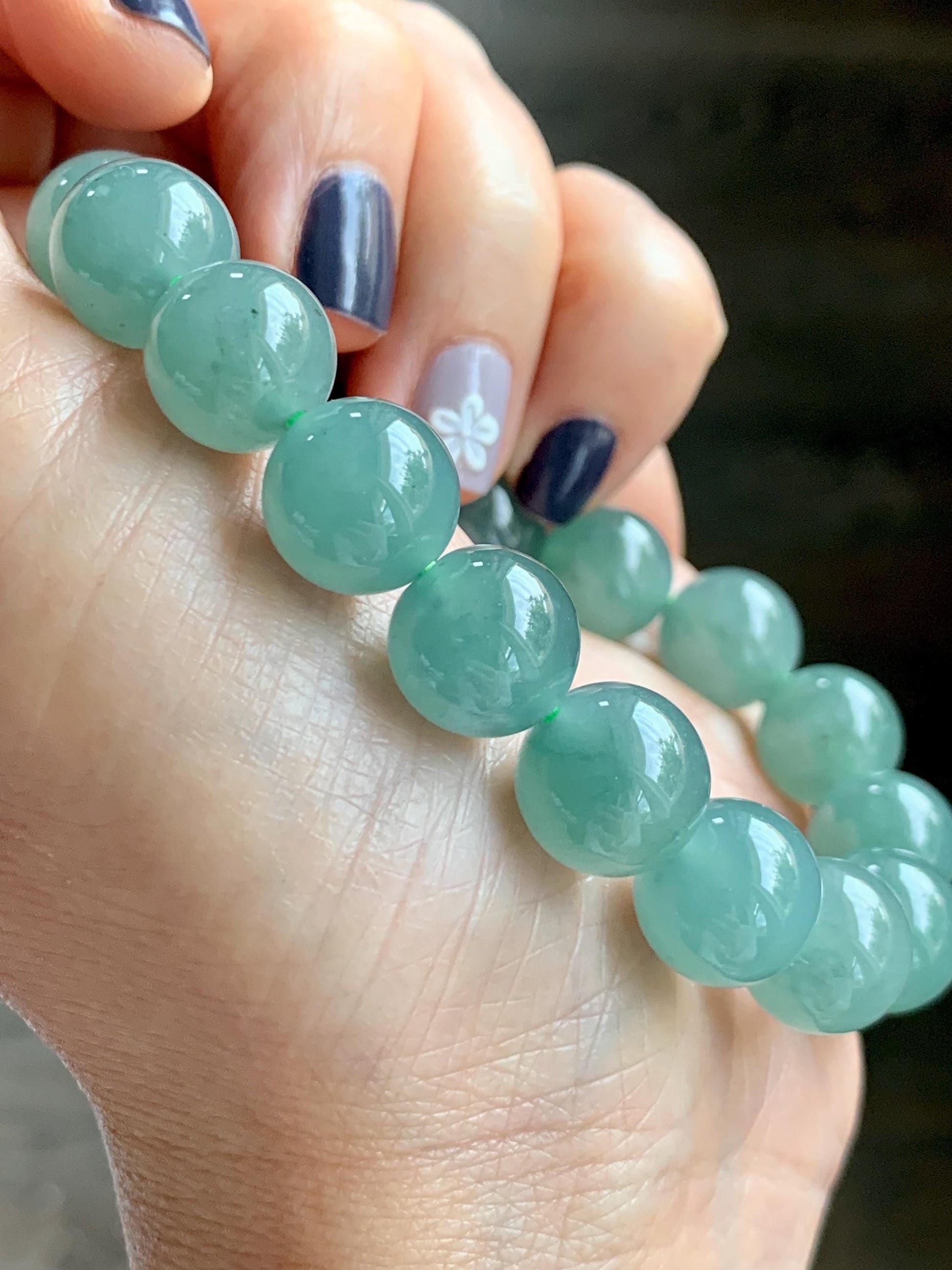 Natural Grade A Guatemalan Icy Translucent Teal Green Jade Jadeite Beaded Bracelet 11.7mm 7.25” 46g 天然冰危蓝绿翡翠大圆珠手串 WDL350