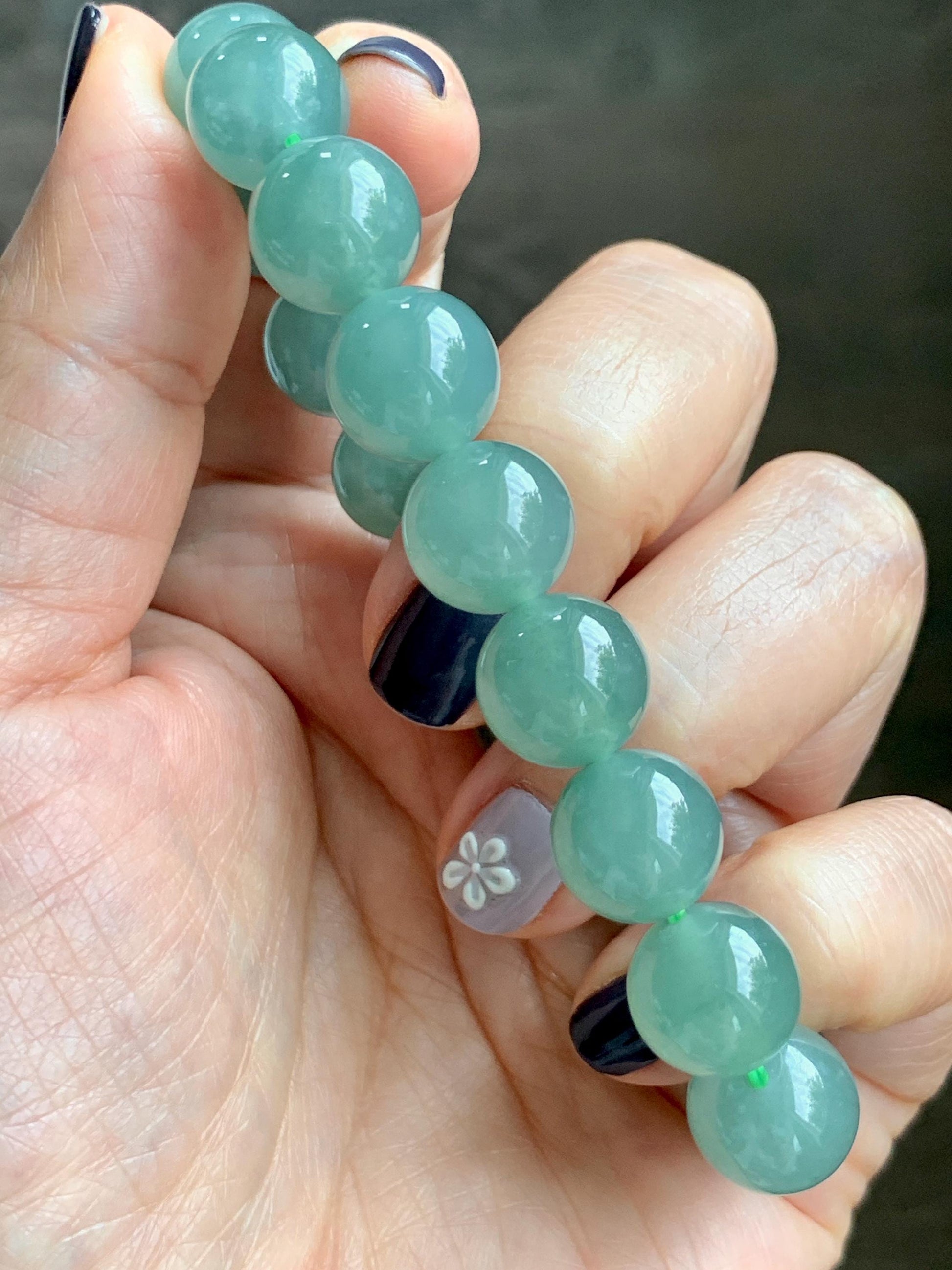 Natural Grade A Guatemalan Icy Translucent Teal Green Jade Jadeite Beaded Bracelet 11.7mm 7.25” 46g 天然冰危蓝绿翡翠大圆珠手串 WDL350
