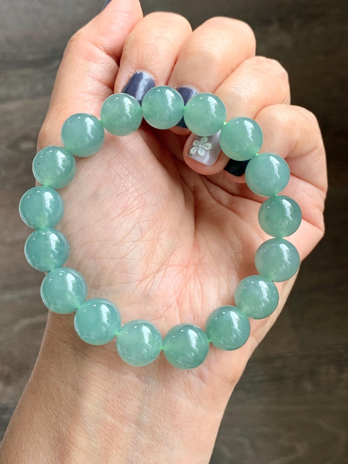 Natural Grade A Guatemalan Icy Translucent Teal Green Jade Jadeite Beaded Bracelet 11.7mm 7.25” 46g 天然冰危蓝绿翡翠大圆珠手串 WDL350