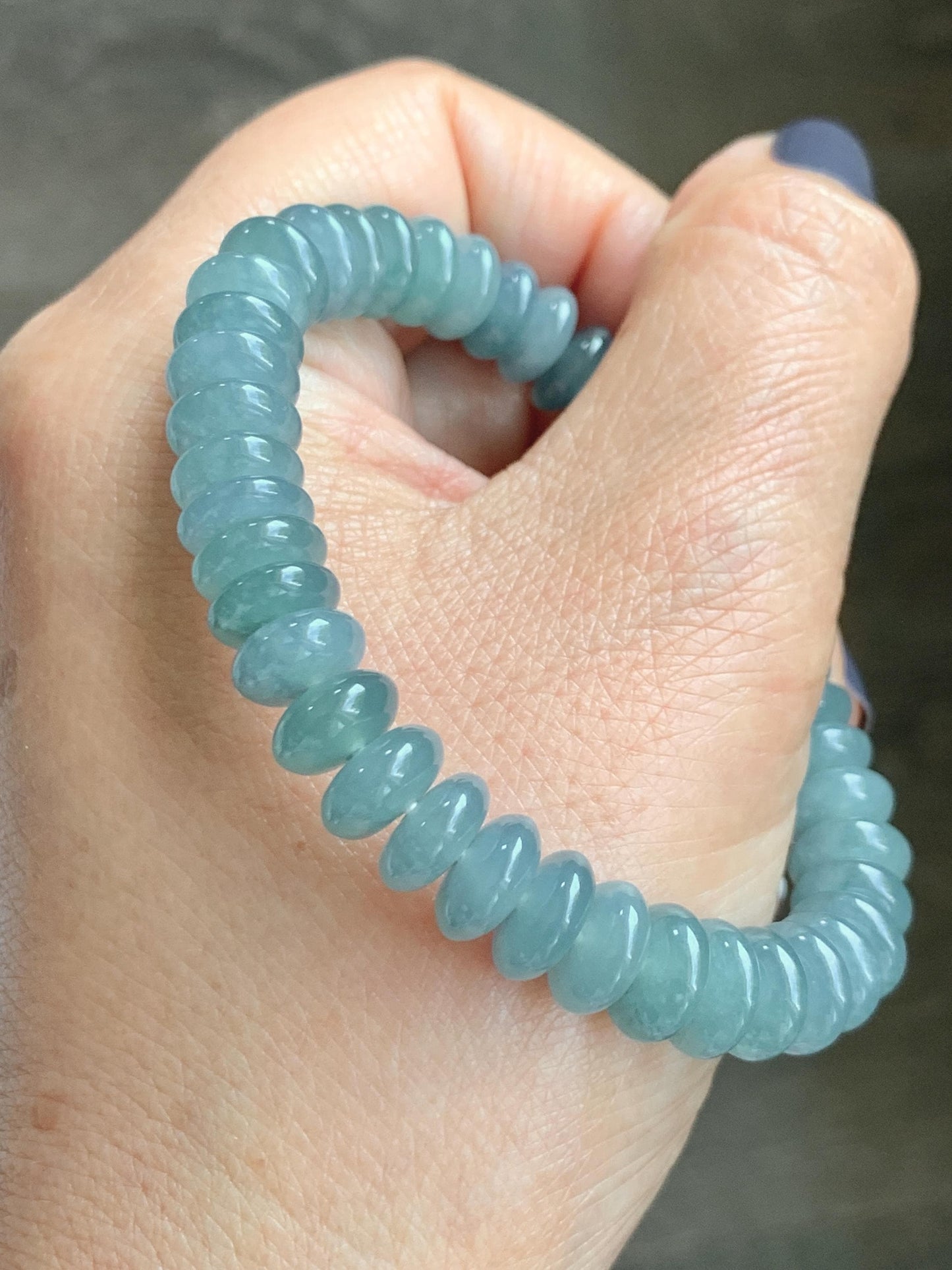Natural Grade A Guatemalan Icy Translucent Light Dusty Blue Jade Jadeite Drum Beads Beaded Bracelet Stretchy 7” 27g 天然冰危浅蓝翡翠鼓珠手串 WDB330A
