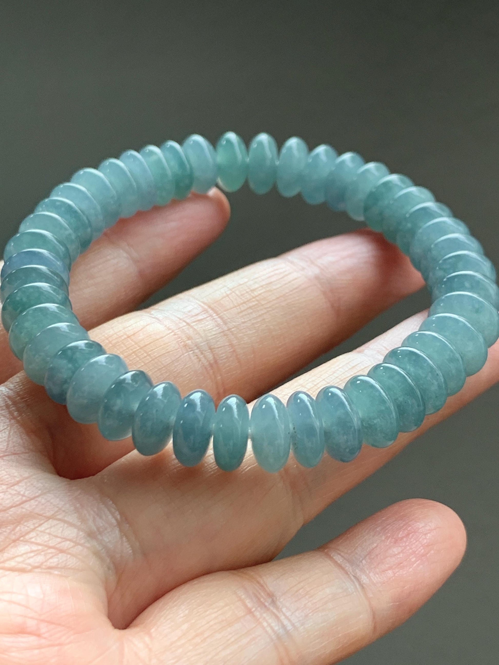 Natural Grade A Guatemalan Icy Translucent Light Dusty Blue Jade Jadeite Drum Beads Beaded Bracelet Stretchy 7” 27g 天然冰危浅蓝翡翠鼓珠手串 WDB330A