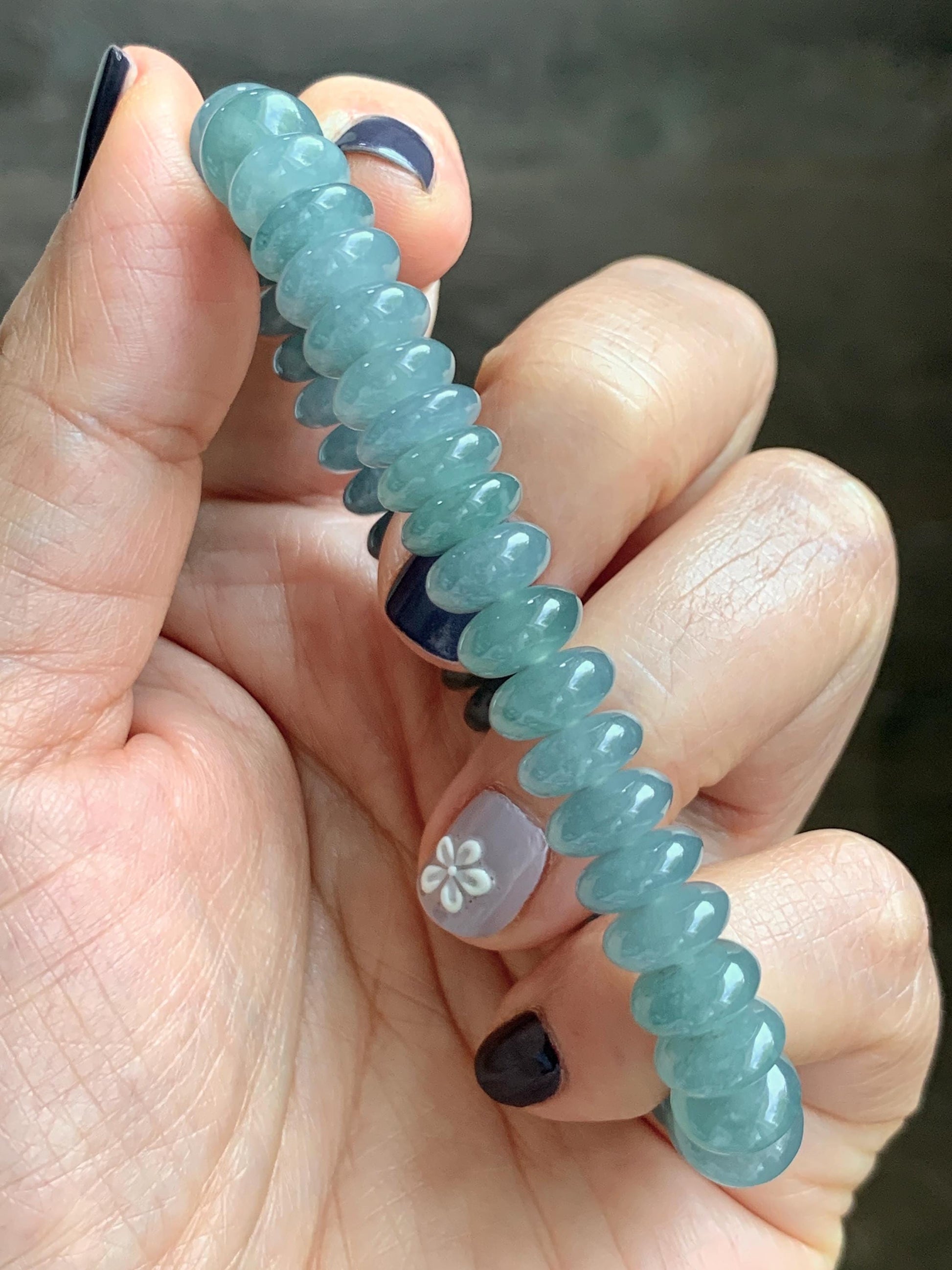 Natural Grade A Guatemalan Icy Translucent Light Dusty Blue Jade Jadeite Drum Beads Beaded Bracelet Stretchy 7” 27g 天然冰危浅蓝翡翠鼓珠手串 WDB330A