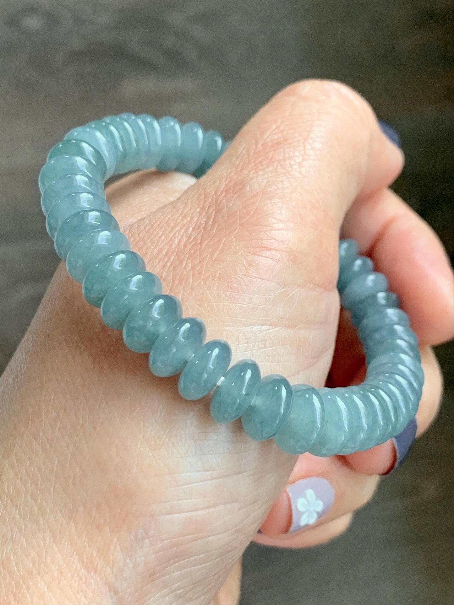 Natural Grade A Guatemalan Icy Translucent Light Dusty Blue Jade Jadeite Drum Beads Beaded Bracelet Stretchy 7” 27g 天然冰危浅蓝翡翠鼓珠手串 WDB330A