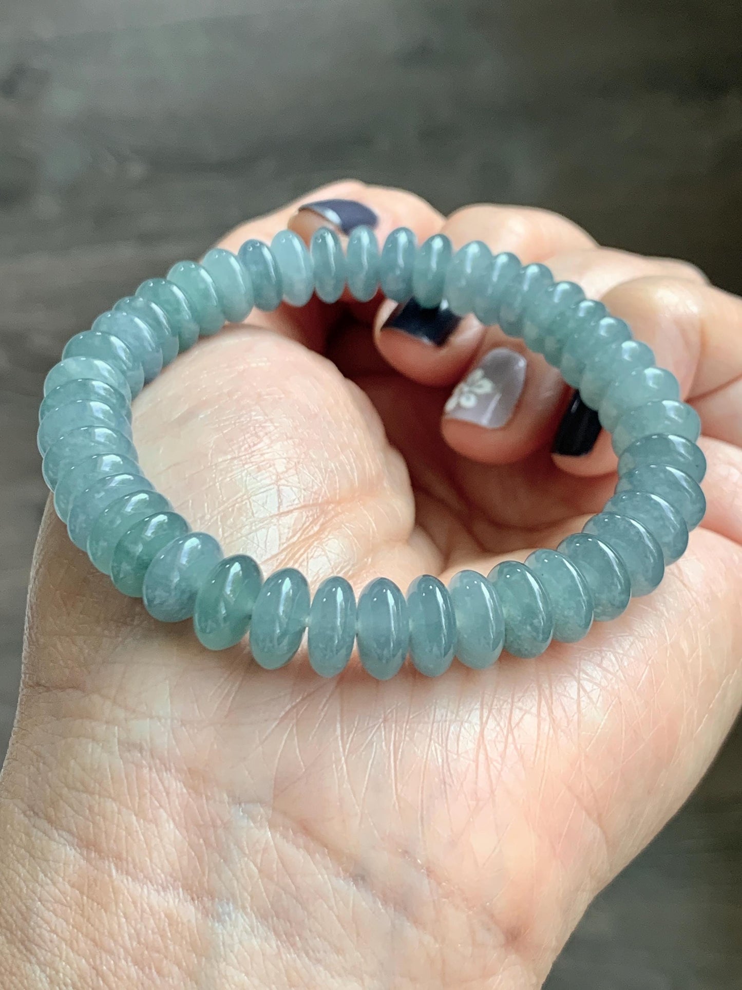 Natural Grade A Guatemalan Icy Translucent Light Dusty Blue Jade Jadeite Drum Beads Beaded Bracelet Stretchy 7” 27g 天然冰危浅蓝翡翠鼓珠手串 WDB330A