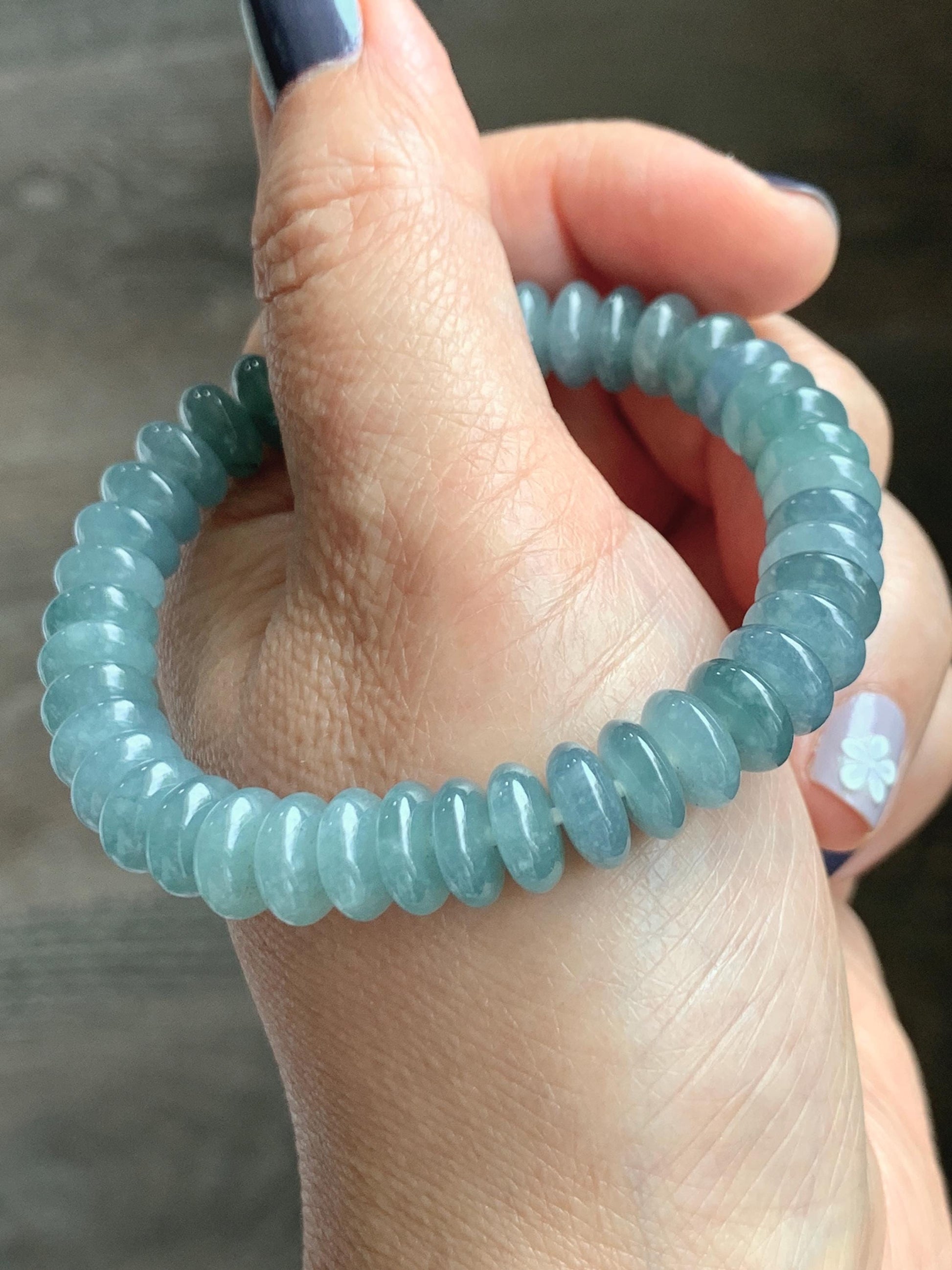 Natural Grade A Guatemalan Icy Translucent Light Dusty Blue Jade Jadeite Drum Beads Beaded Bracelet Stretchy 7” 27g 天然冰危浅蓝翡翠鼓珠手串 WDB330A