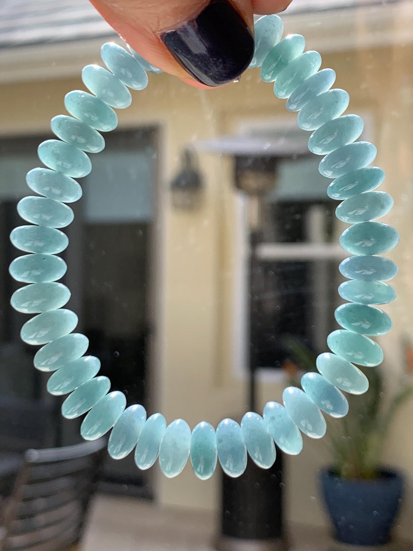 Natural Grade A Guatemalan Icy Translucent Light Dusty Blue Jade Jadeite Drum Beads Beaded Bracelet Stretchy 7” 27g 天然冰危浅蓝翡翠鼓珠手串 WDB330A