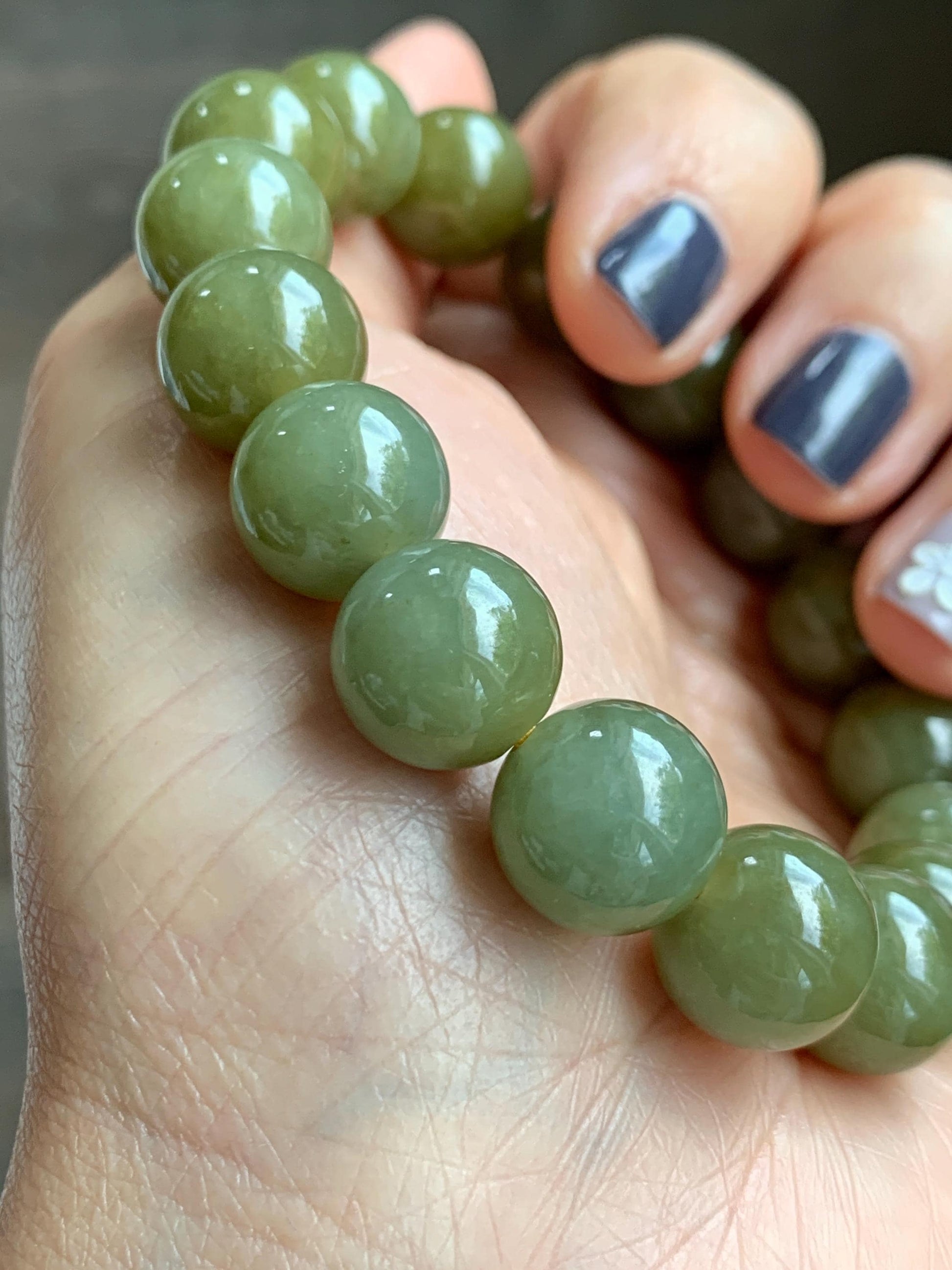 Certified Natural Grade A Icy Translucent Dark Greenish Yellow Jade Jadeite Large Beads Beaded Bracelet 11.7mm 7.25” 45.73g 天然寿黄翡翠圆珠手串 462