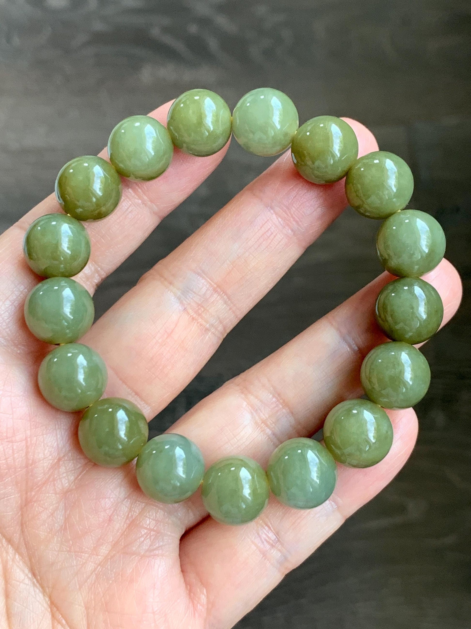 Certified Natural Grade A Icy Translucent Dark Greenish Yellow Jade Jadeite Large Beads Beaded Bracelet 11.7mm 7.25” 45.73g 天然寿黄翡翠圆珠手串 462