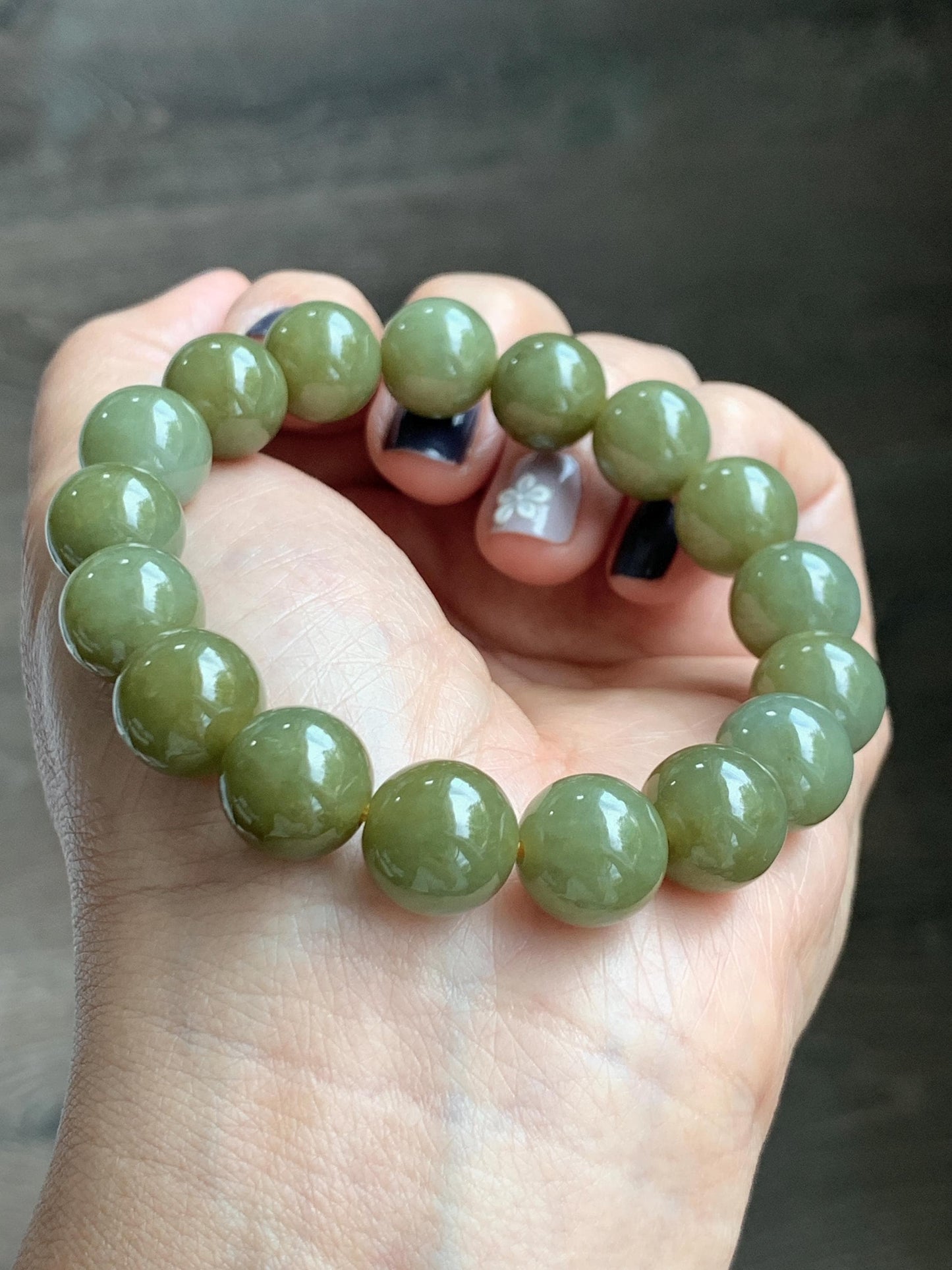 Certified Natural Grade A Icy Translucent Dark Greenish Yellow Jade Jadeite Large Beads Beaded Bracelet 11.7mm 7.25” 45.73g 天然寿黄翡翠圆珠手串 462