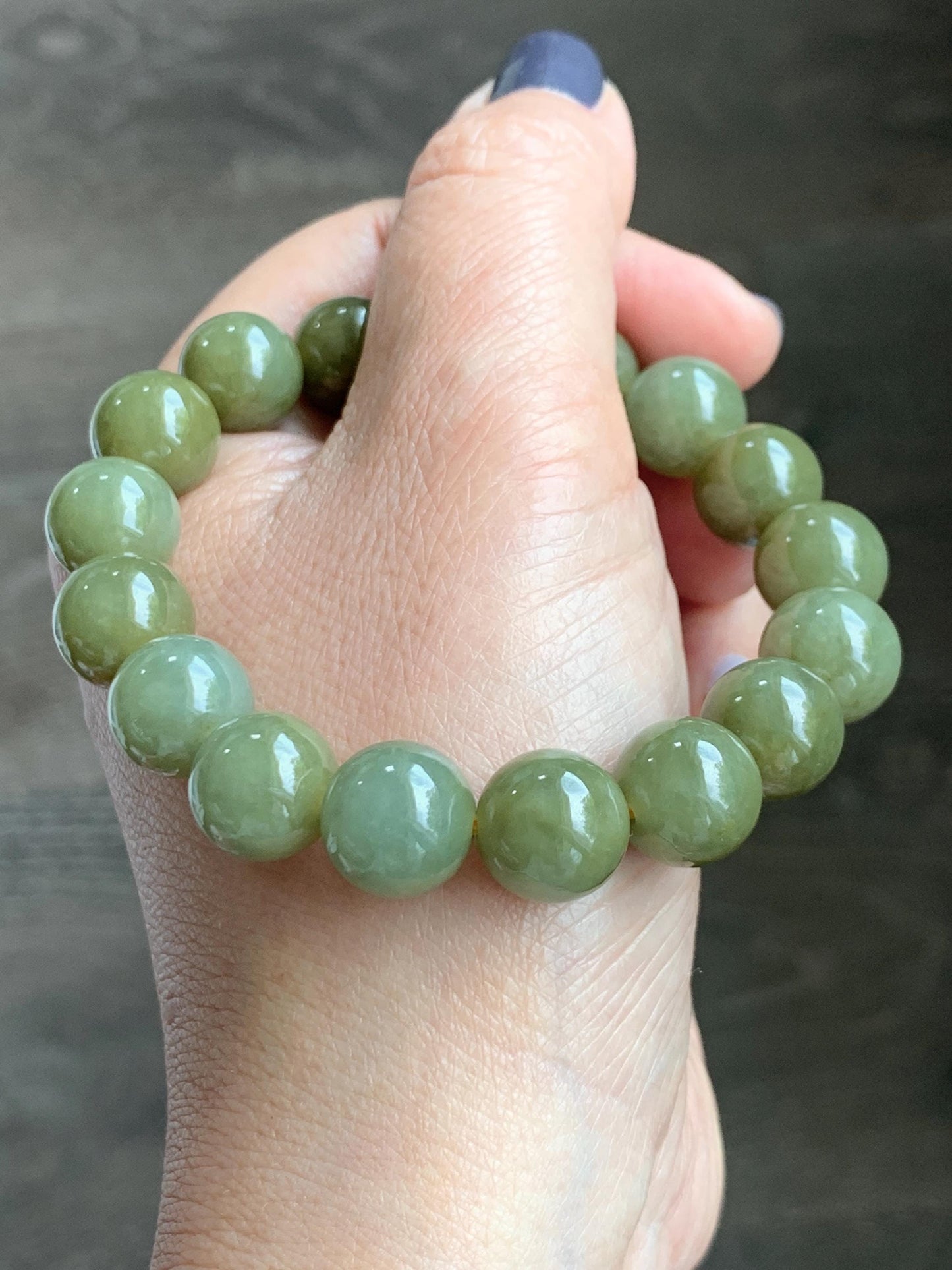 Certified Natural Grade A Icy Translucent Dark Greenish Yellow Jade Jadeite Large Beads Beaded Bracelet 11.7mm 7.25” 45.73g 天然寿黄翡翠圆珠手串 462