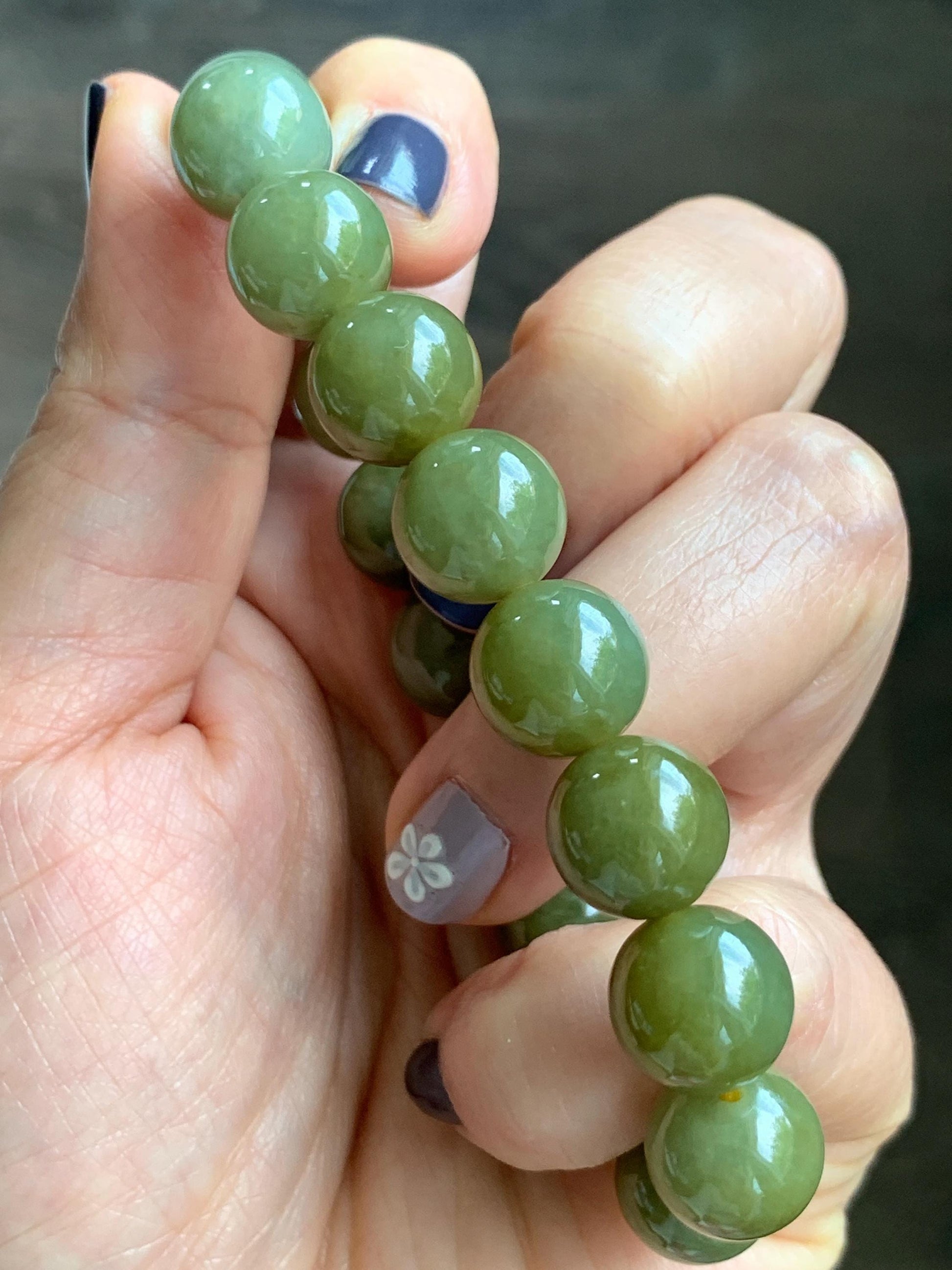 Certified Natural Grade A Icy Translucent Dark Greenish Yellow Jade Jadeite Large Beads Beaded Bracelet 11.7mm 7.25” 45.73g 天然寿黄翡翠圆珠手串 462