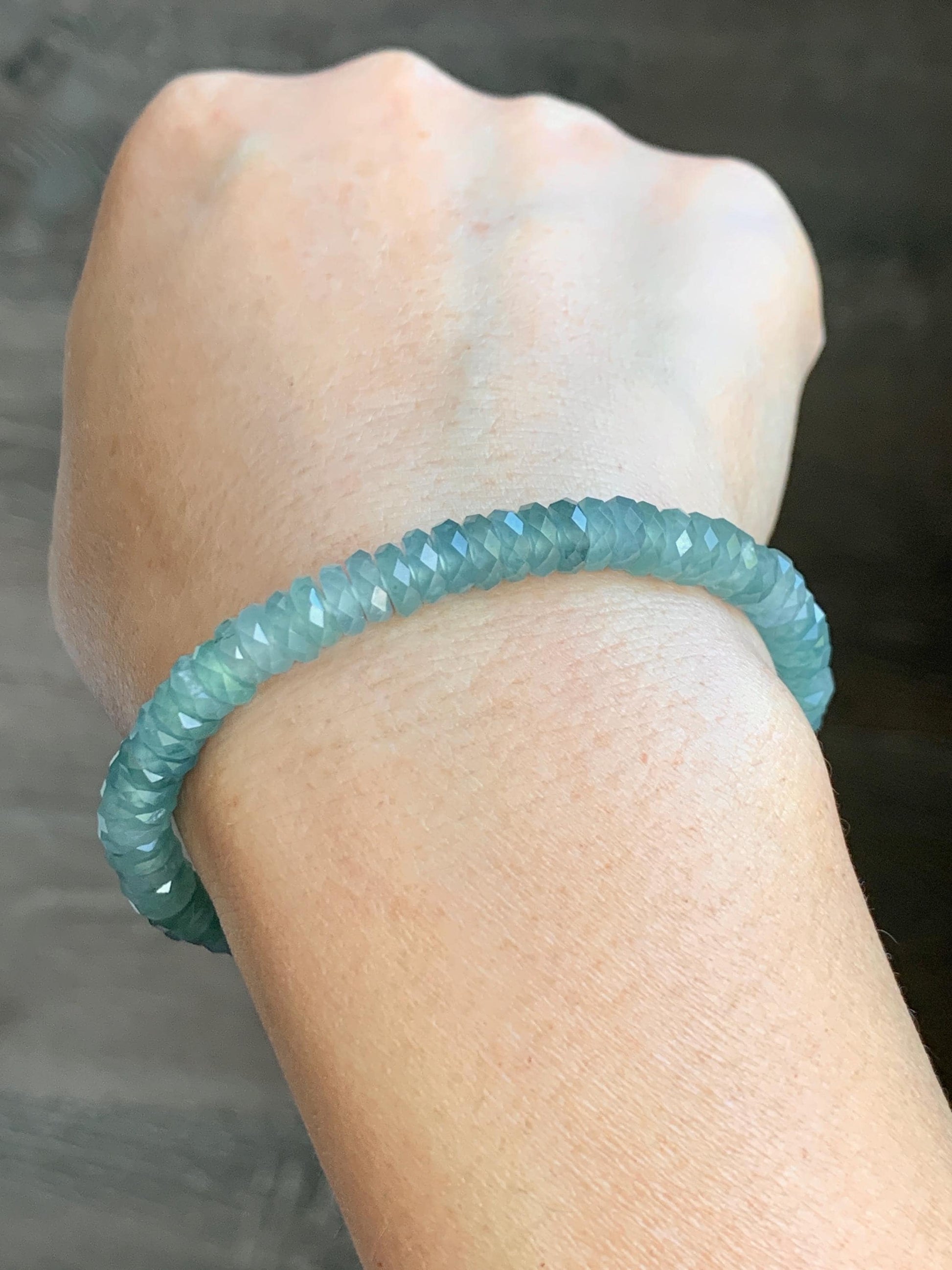 Certified Natural Grade A Guatemalan Icy Translucent Light Teal Jade Jadeite Faceted Flat Beads Beaded Bracelet 6.75” 天然冰危浅蓝绿翡翠切割面珠手串 603