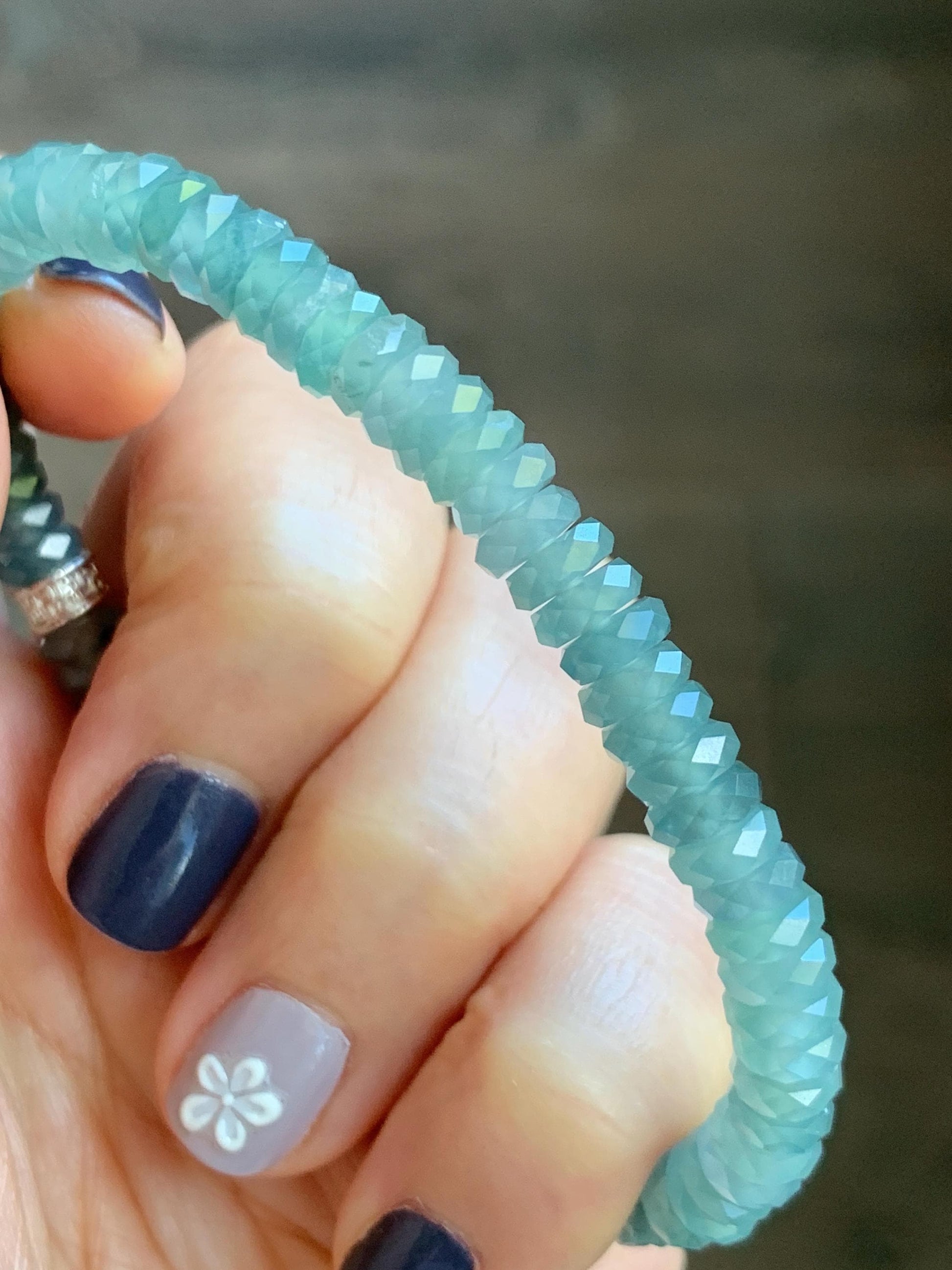 Certified Natural Grade A Guatemalan Icy Translucent Light Teal Jade Jadeite Faceted Flat Beads Beaded Bracelet 6.75” 天然冰危浅蓝绿翡翠切割面珠手串 603