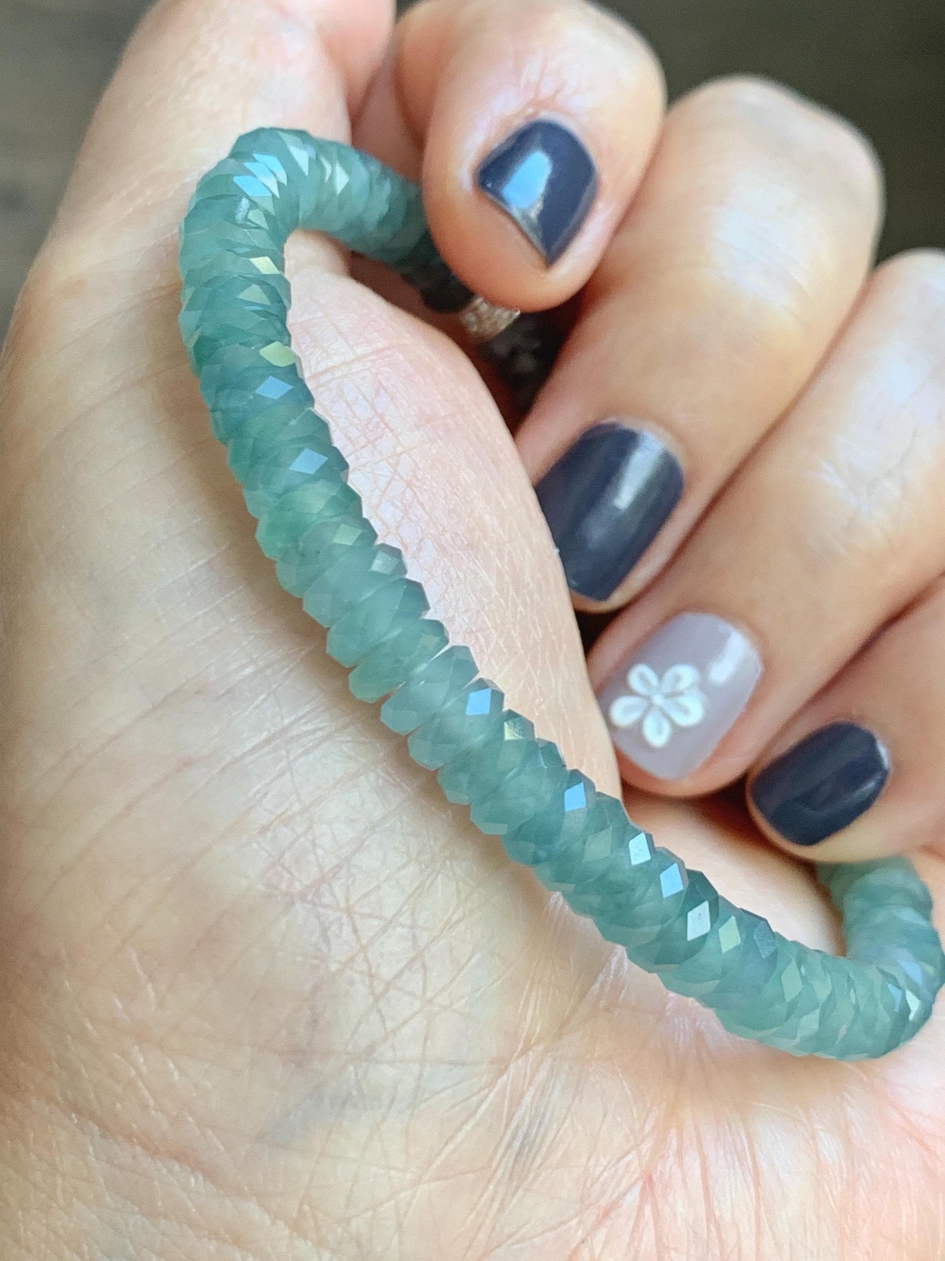 Certified Natural Grade A Guatemalan Icy Translucent Light Teal Jade Jadeite Faceted Flat Beads Beaded Bracelet 6.75” 天然冰危浅蓝绿翡翠切割面珠手串 603
