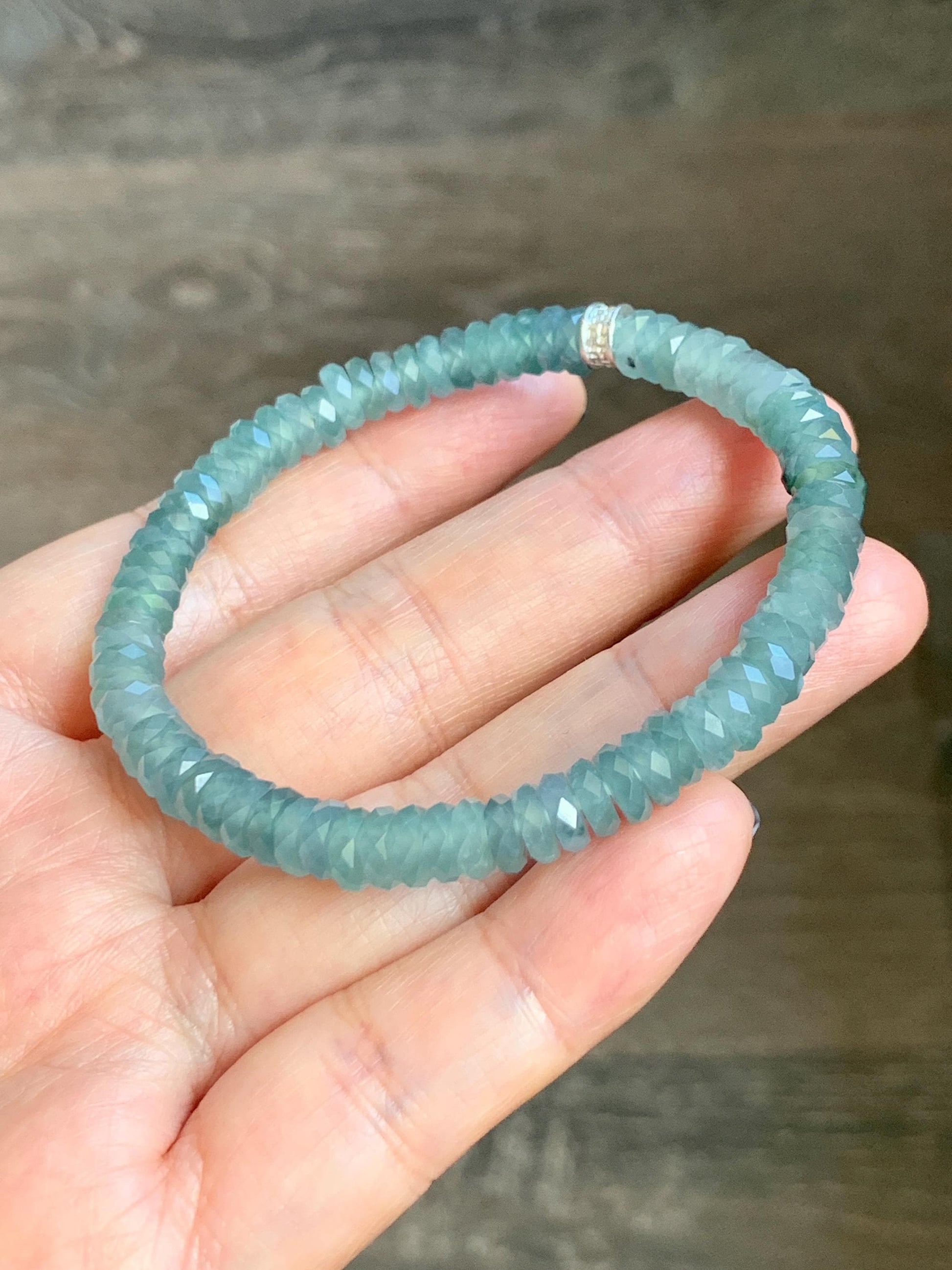 Certified Natural Grade A Guatemalan Icy Translucent Light Teal Jade Jadeite Faceted Flat Beads Beaded Bracelet 6.75” 天然冰危浅蓝绿翡翠切割面珠手串 603