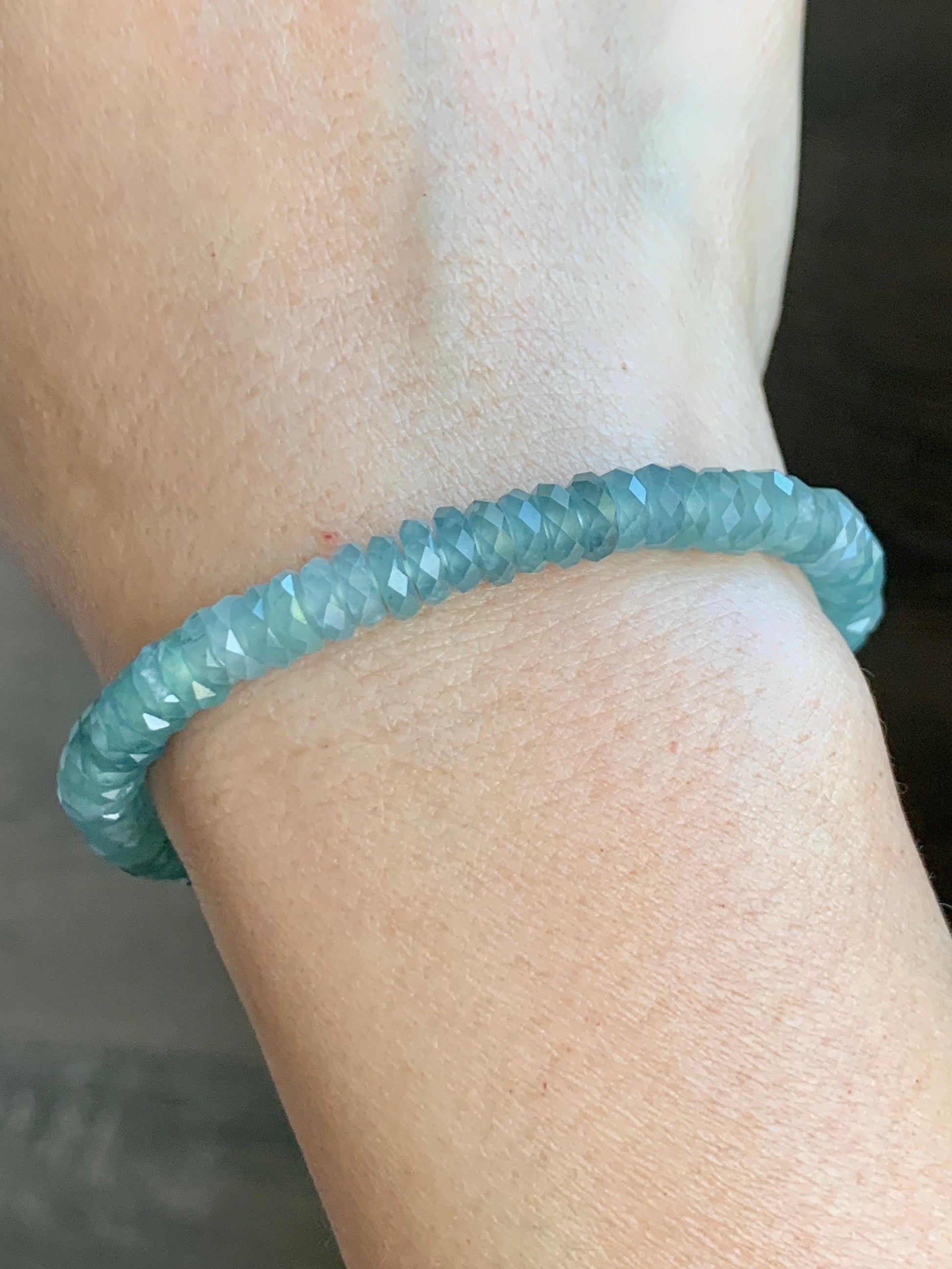 Certified Natural Grade A Guatemalan Icy Translucent Light Teal Jade Jadeite Faceted Flat Beads Beaded Bracelet 6.75” 天然冰危浅蓝绿翡翠切割面珠手串 603