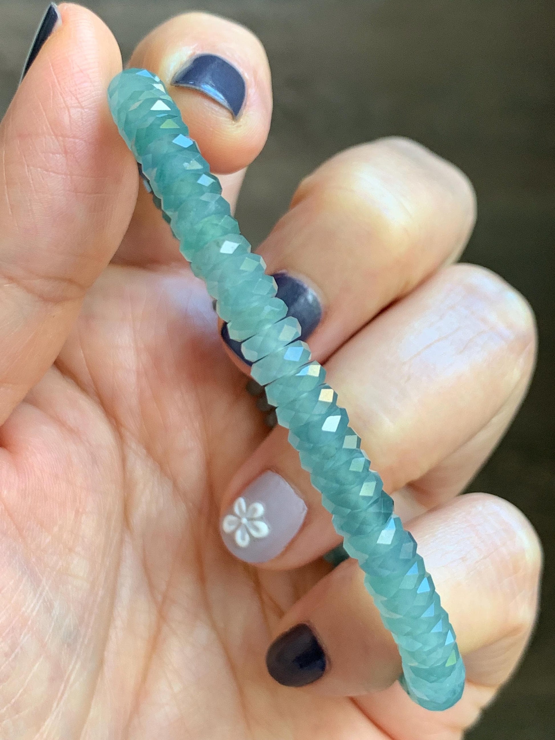 Certified Natural Grade A Guatemalan Icy Translucent Light Teal Jade Jadeite Faceted Flat Beads Beaded Bracelet 6.75” 天然冰危浅蓝绿翡翠切割面珠手串 603