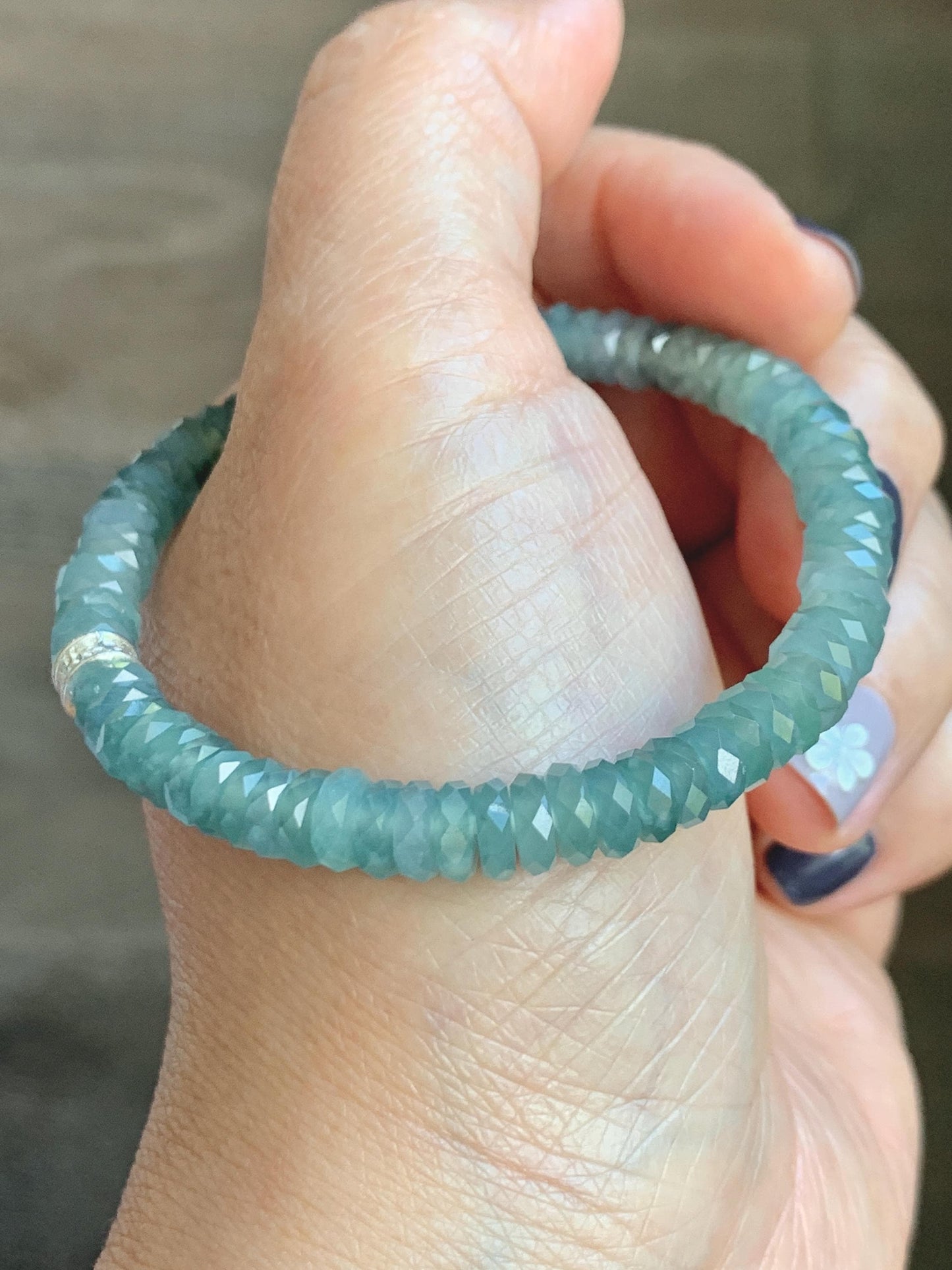 Certified Natural Grade A Guatemalan Icy Translucent Light Teal Jade Jadeite Faceted Flat Beads Beaded Bracelet 6.75” 天然冰危浅蓝绿翡翠切割面珠手串 603
