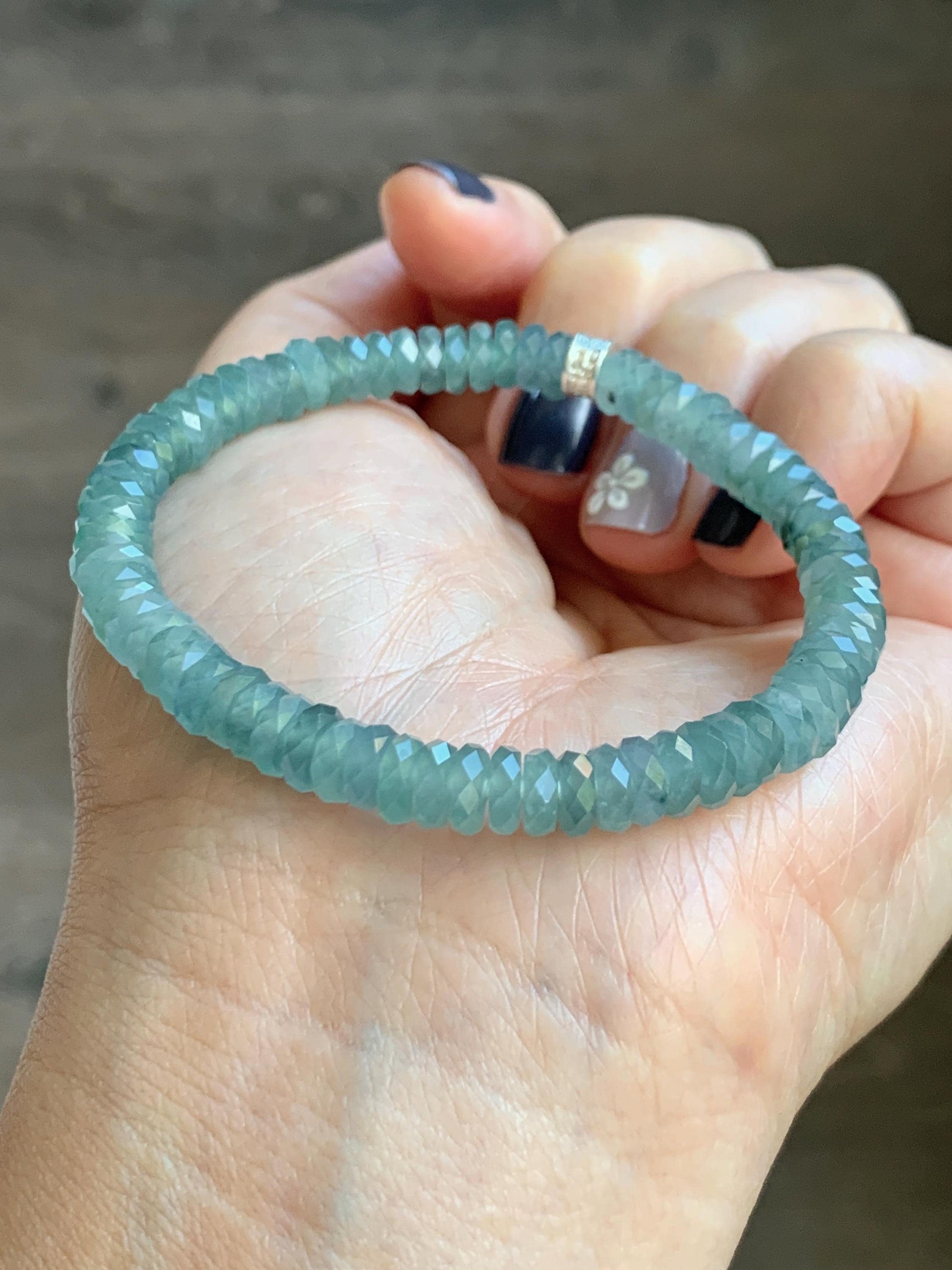 Certified Natural Grade A Guatemalan Icy Translucent Light Teal Jade Jadeite Faceted Flat Beads Beaded Bracelet 6.75” 天然冰危浅蓝绿翡翠切割面珠手串 603