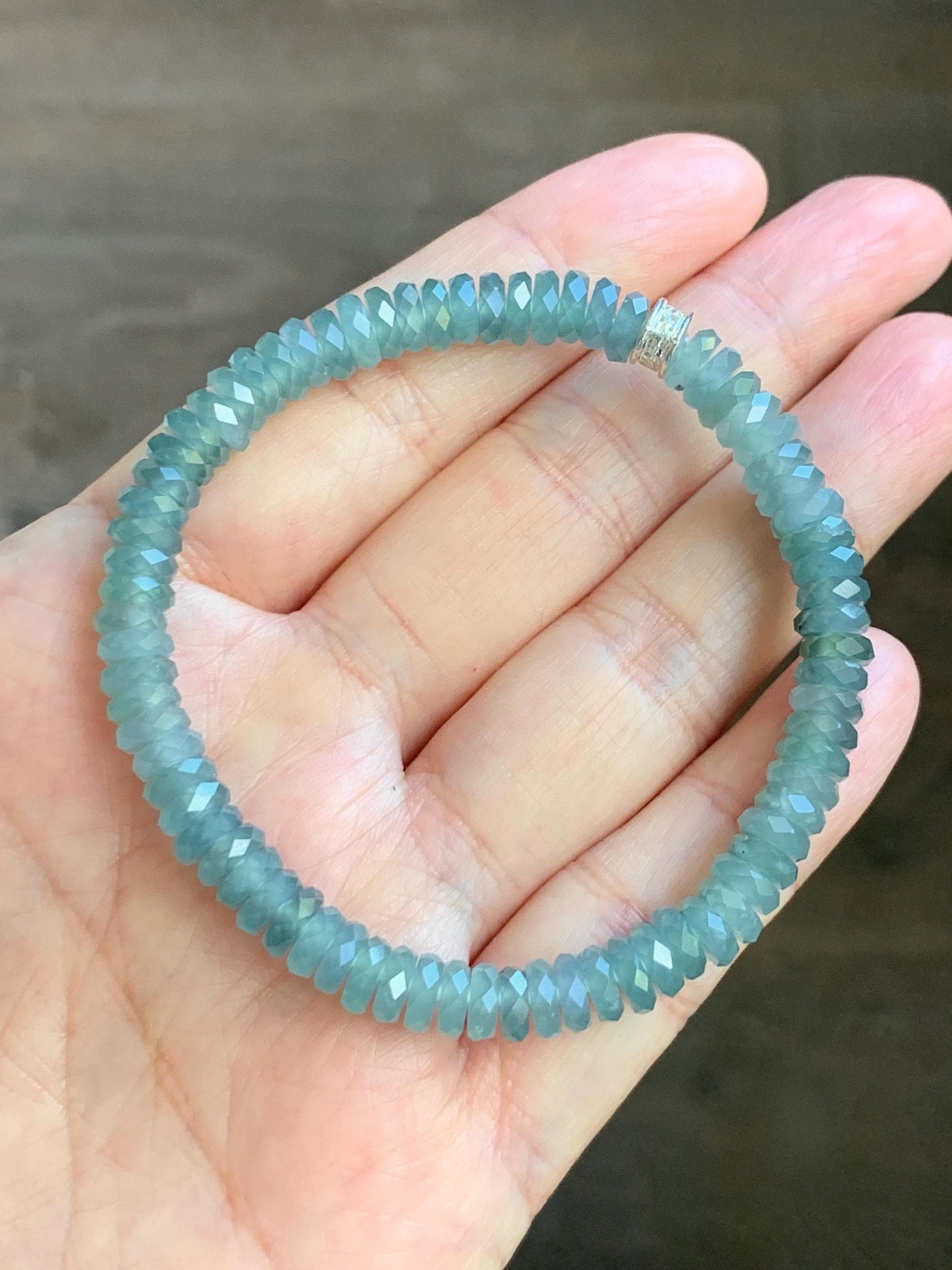 Certified Natural Grade A Guatemalan Icy Translucent Light Teal Jade Jadeite Faceted Flat Beads Beaded Bracelet 6.75” 天然冰危浅蓝绿翡翠切割面珠手串 603