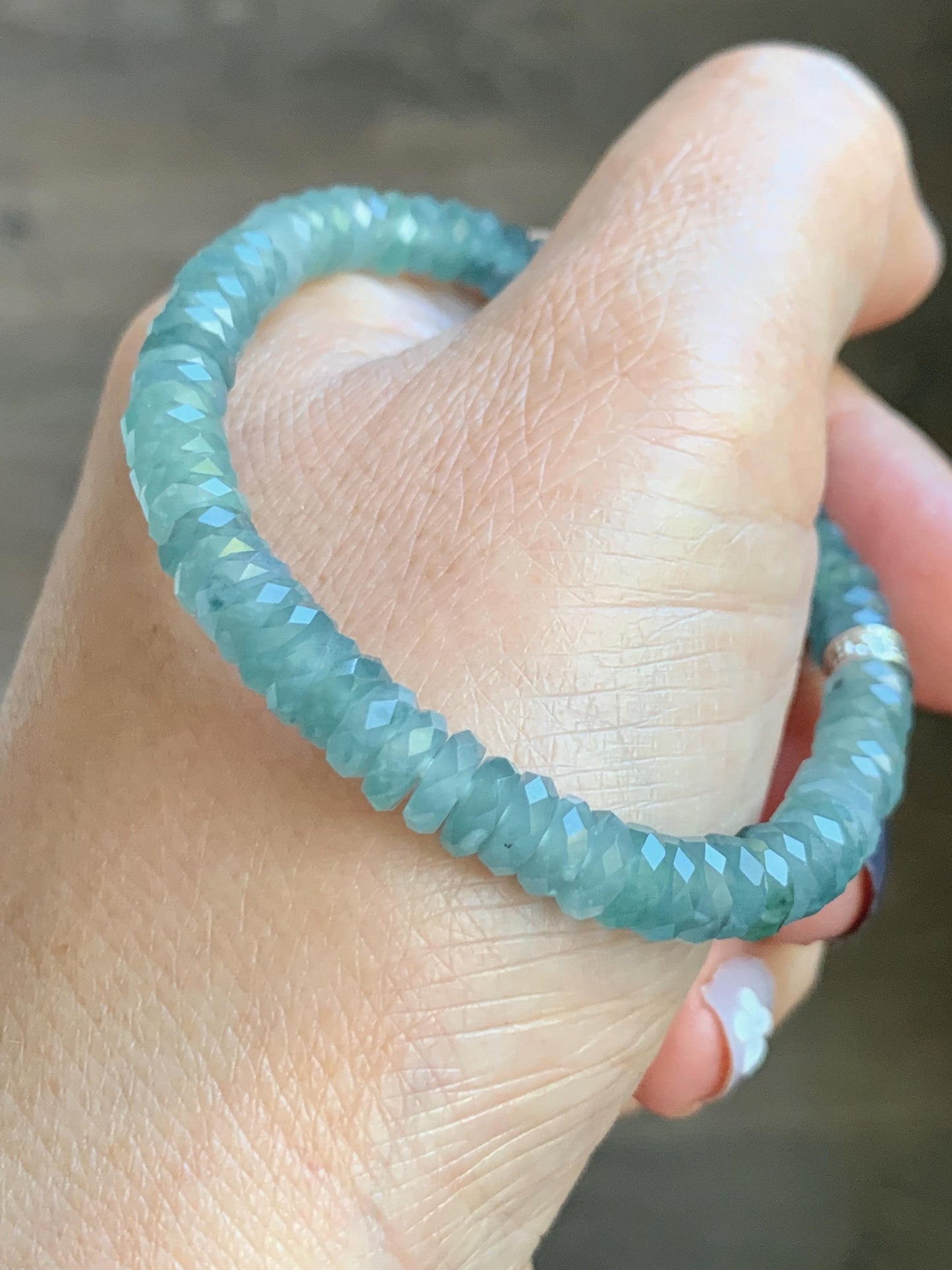 Certified Natural Grade A Guatemalan Icy Translucent Light Teal Jade Jadeite Faceted Flat Beads Beaded Bracelet 6.75” 天然冰危浅蓝绿翡翠切割面珠手串 603