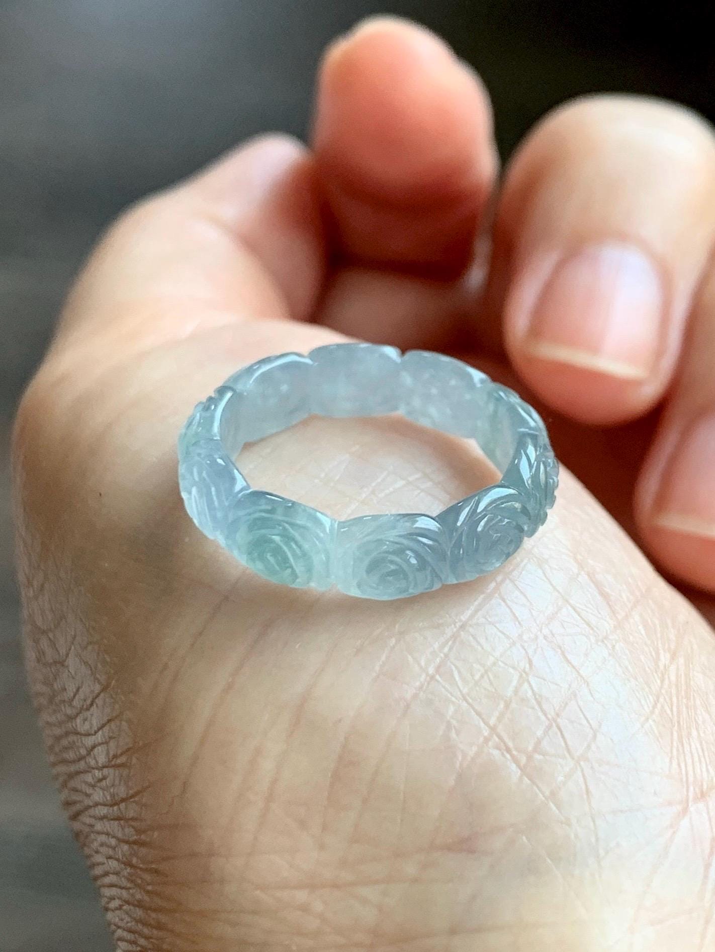 Grade A Natural Guatemalan Icy Highly Translucent Pastel Dusty Blue Jade Jadeite Carved Rose Band Ring Size 6 US 天然冰危浅蓝翡翠玫瑰花戒圈 WQM280A