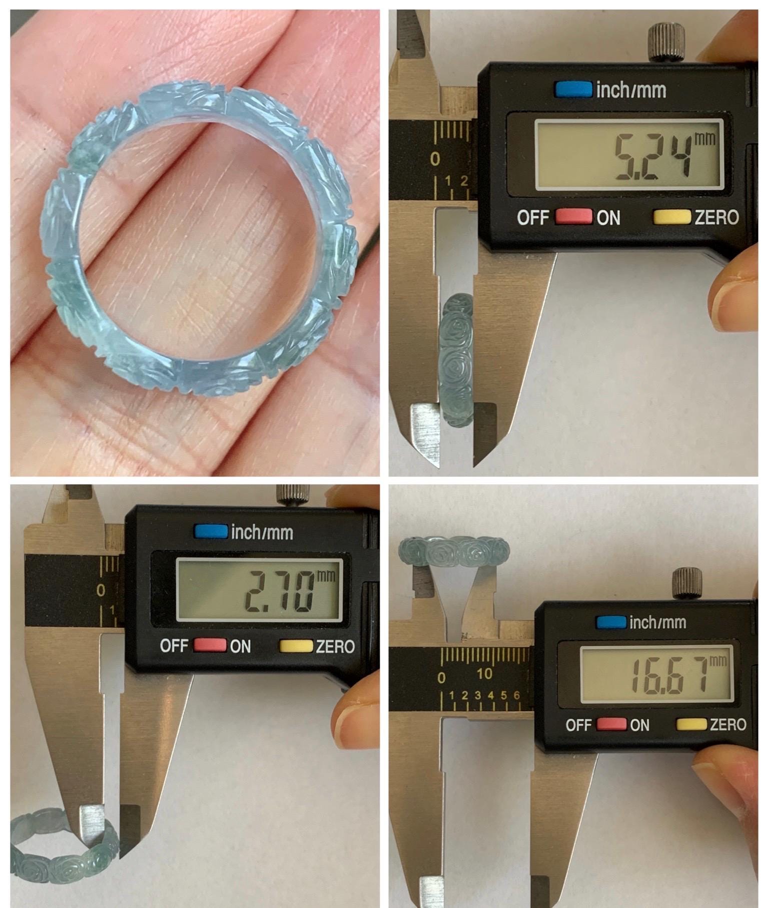 Grade A Natural Guatemalan Icy Highly Translucent Pastel Dusty Blue Jade Jadeite Carved Rose Band Ring Size 6 US 天然冰危浅蓝翡翠玫瑰花戒圈 WQM280A