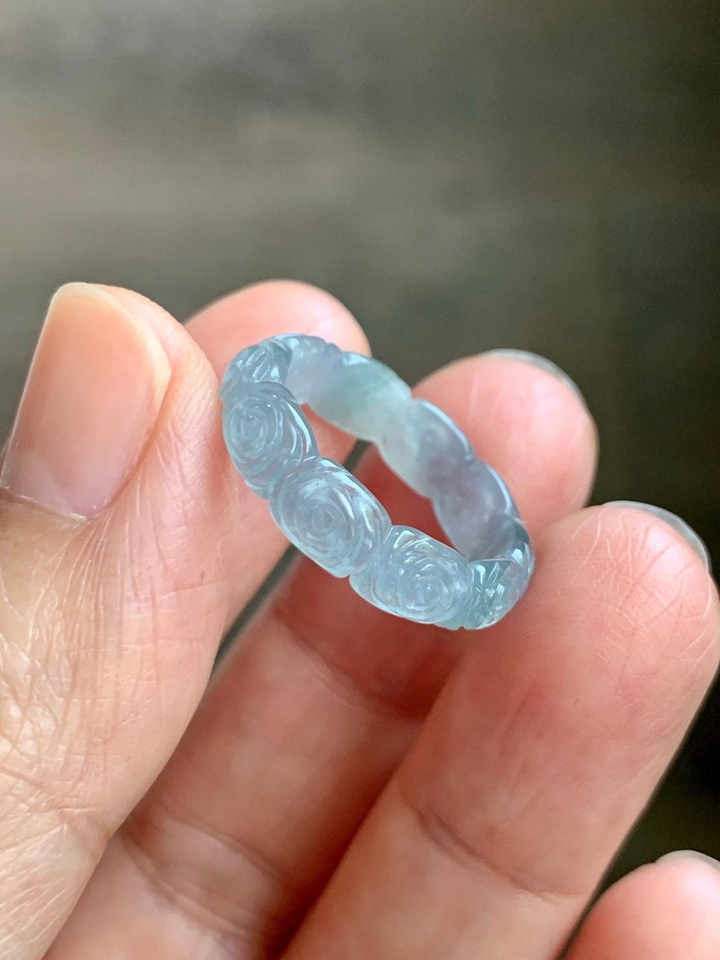 Grade A Natural Guatemalan Icy Highly Translucent Pastel Dusty Blue Jade Jadeite Carved Rose Band Ring Size 6 US 天然冰危浅蓝翡翠玫瑰花戒圈 WQM280A
