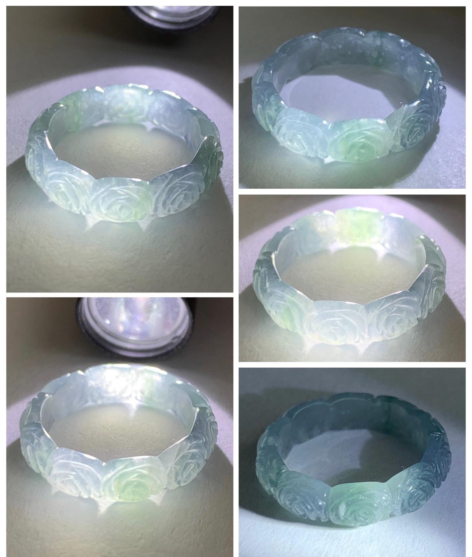 Grade A Natural Guatemalan Icy Highly Translucent Pastel Dusty Blue Jade Jadeite Carved Rose Band Ring Size 6 US 天然冰危浅蓝翡翠玫瑰花戒圈 WQM280A