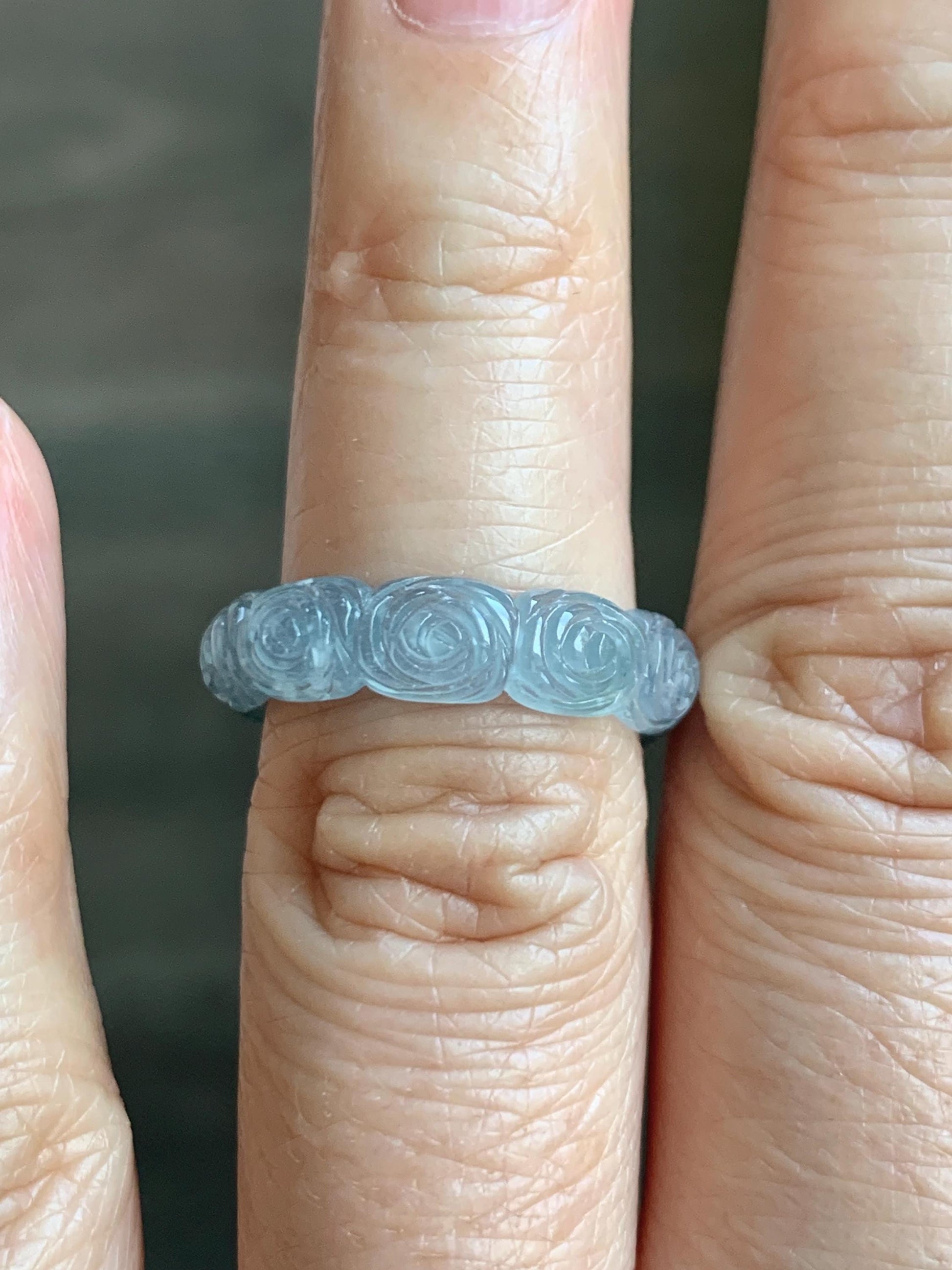Grade A Natural Guatemalan Icy Highly Translucent Pastel Dusty Blue Jade Jadeite Carved Rose Band Ring Size 6 US 天然冰危浅蓝翡翠玫瑰花戒圈 WQM280A