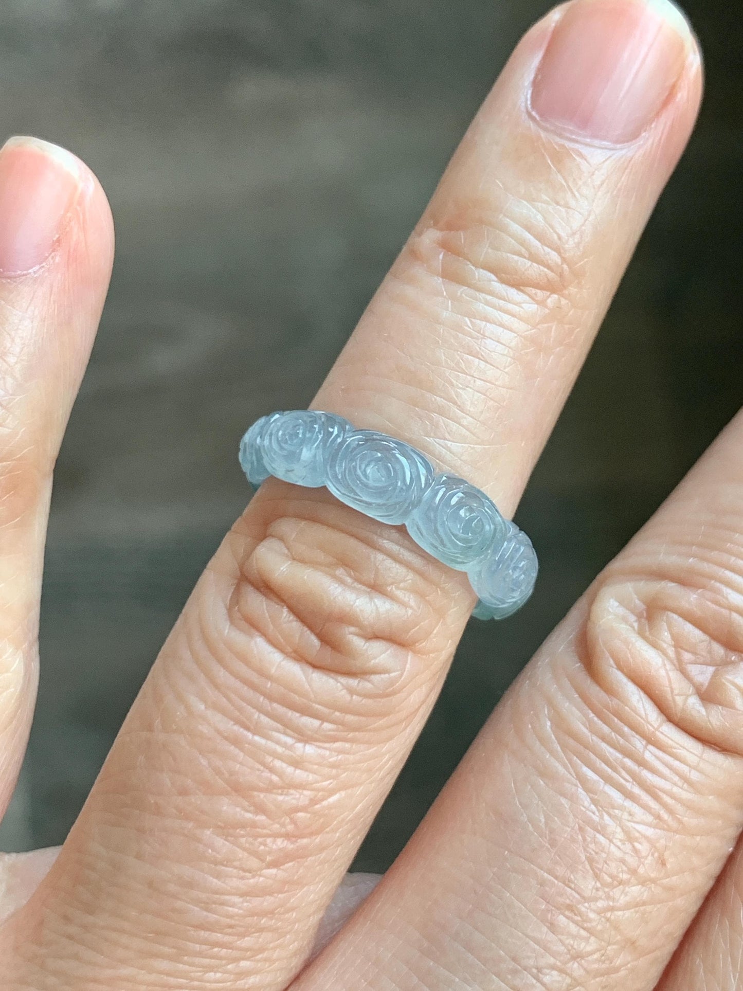 Grade A Natural Guatemalan Icy Highly Translucent Pastel Dusty Blue Jade Jadeite Carved Rose Band Ring Size 6 US 天然冰危浅蓝翡翠玫瑰花戒圈 WQM280A