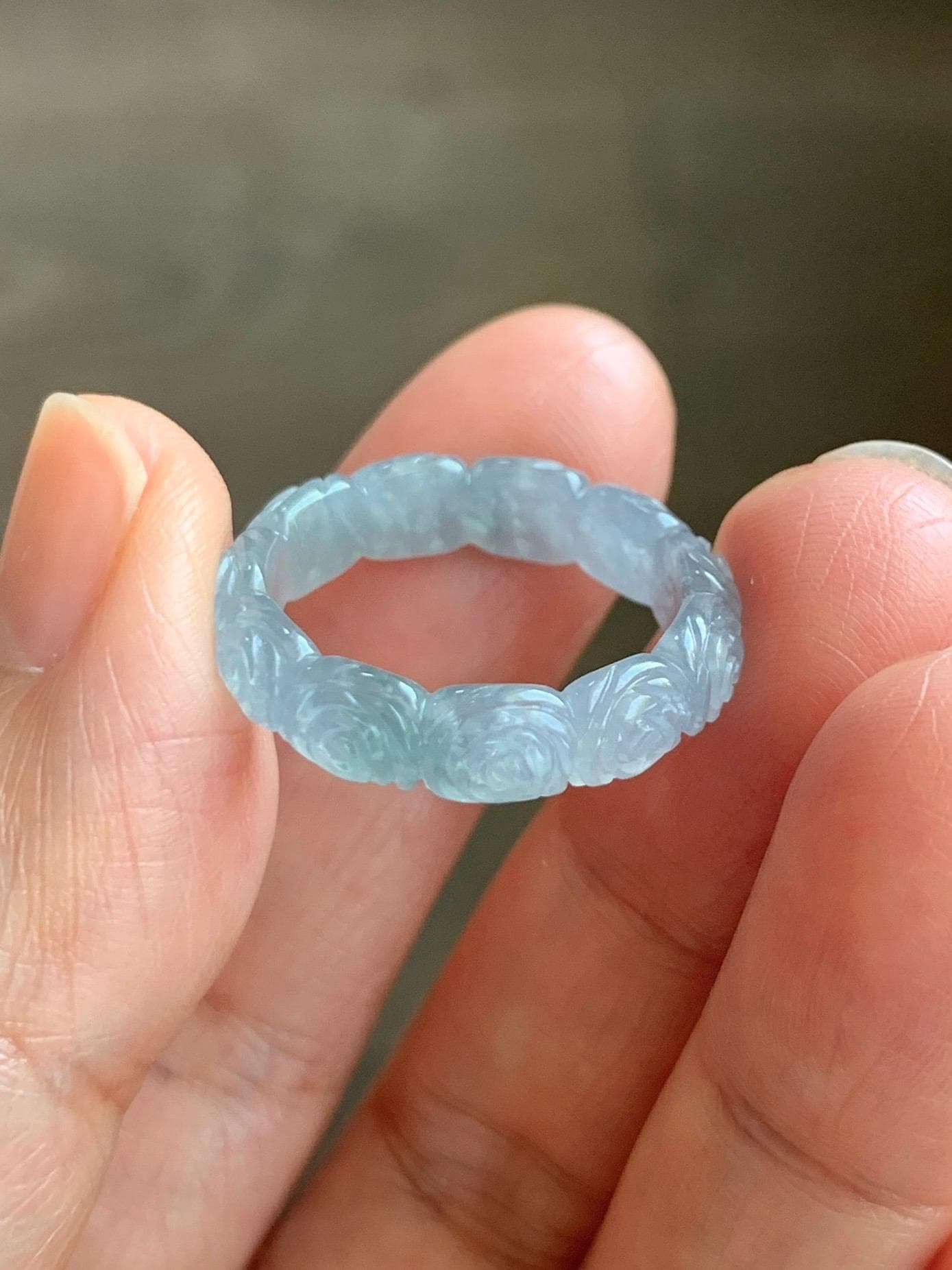 Grade A Natural Guatemalan Icy Highly Translucent Pastel Dusty Blue Jade Jadeite Carved Rose Band Ring Size 7.75 US 天然冰危浅蓝翡翠玫瑰花戒圈 WQM280B