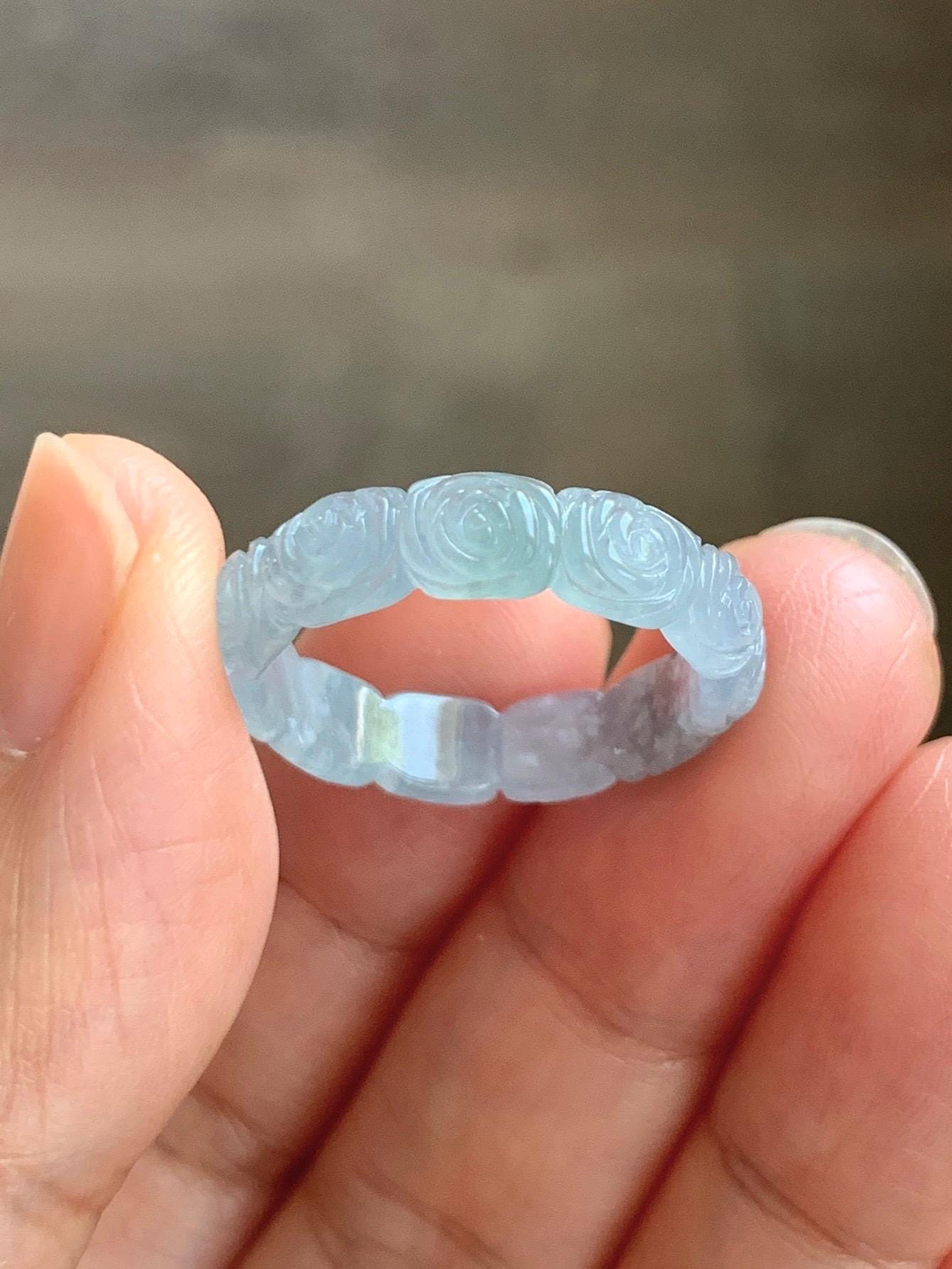 Grade A Natural Guatemalan Icy Highly Translucent Pastel Dusty Blue Jade Jadeite Carved Rose Band Ring Size 7.75 US 天然冰危浅蓝翡翠玫瑰花戒圈 WQM280B