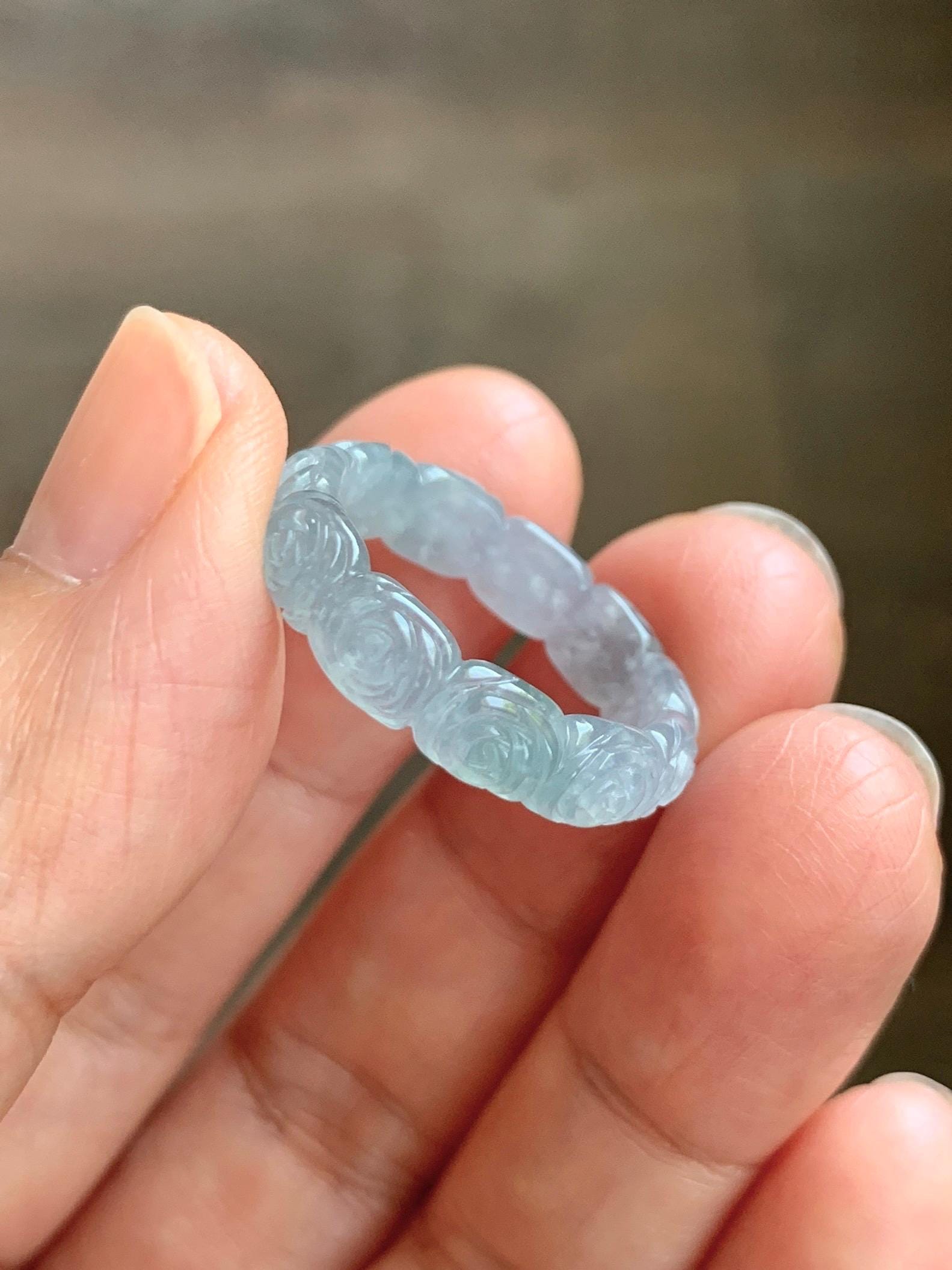 Grade A Natural Guatemalan Icy Highly Translucent Pastel Dusty Blue Jade Jadeite Carved Rose Band Ring Size 7.75 US 天然冰危浅蓝翡翠玫瑰花戒圈 WQM280B