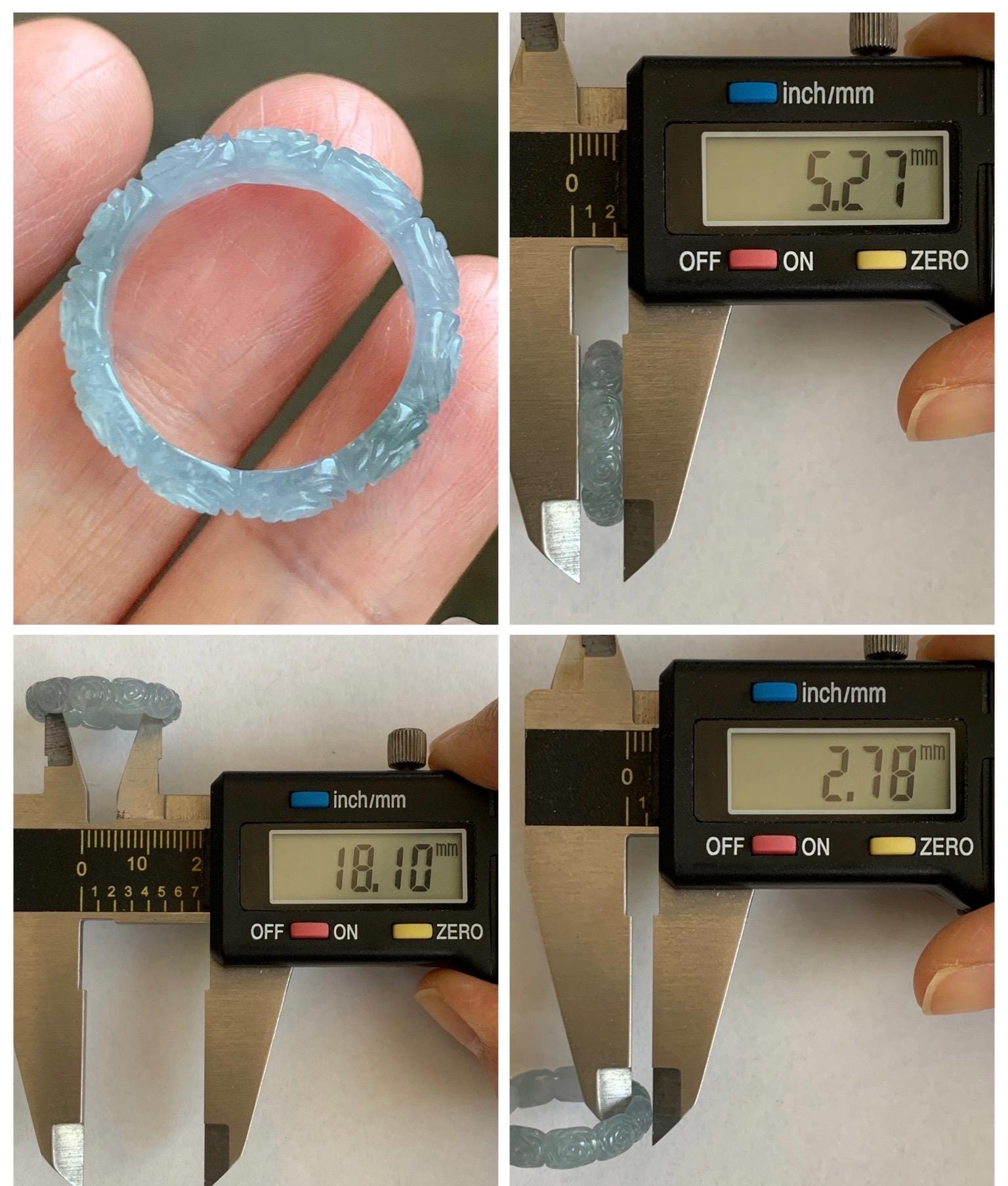 Grade A Natural Guatemalan Icy Highly Translucent Pastel Dusty Blue Jade Jadeite Carved Rose Band Ring Size 7.75 US 天然冰危浅蓝翡翠玫瑰花戒圈 WQM280B