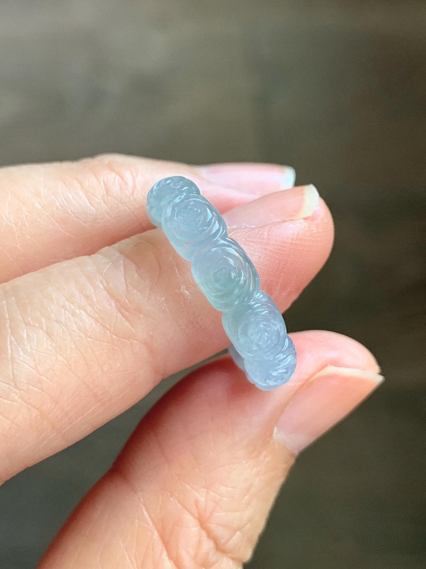 Grade A Natural Guatemalan Icy Highly Translucent Pastel Dusty Blue Jade Jadeite Carved Rose Band Ring Size 7.75 US 天然冰危浅蓝翡翠玫瑰花戒圈 WQM280B
