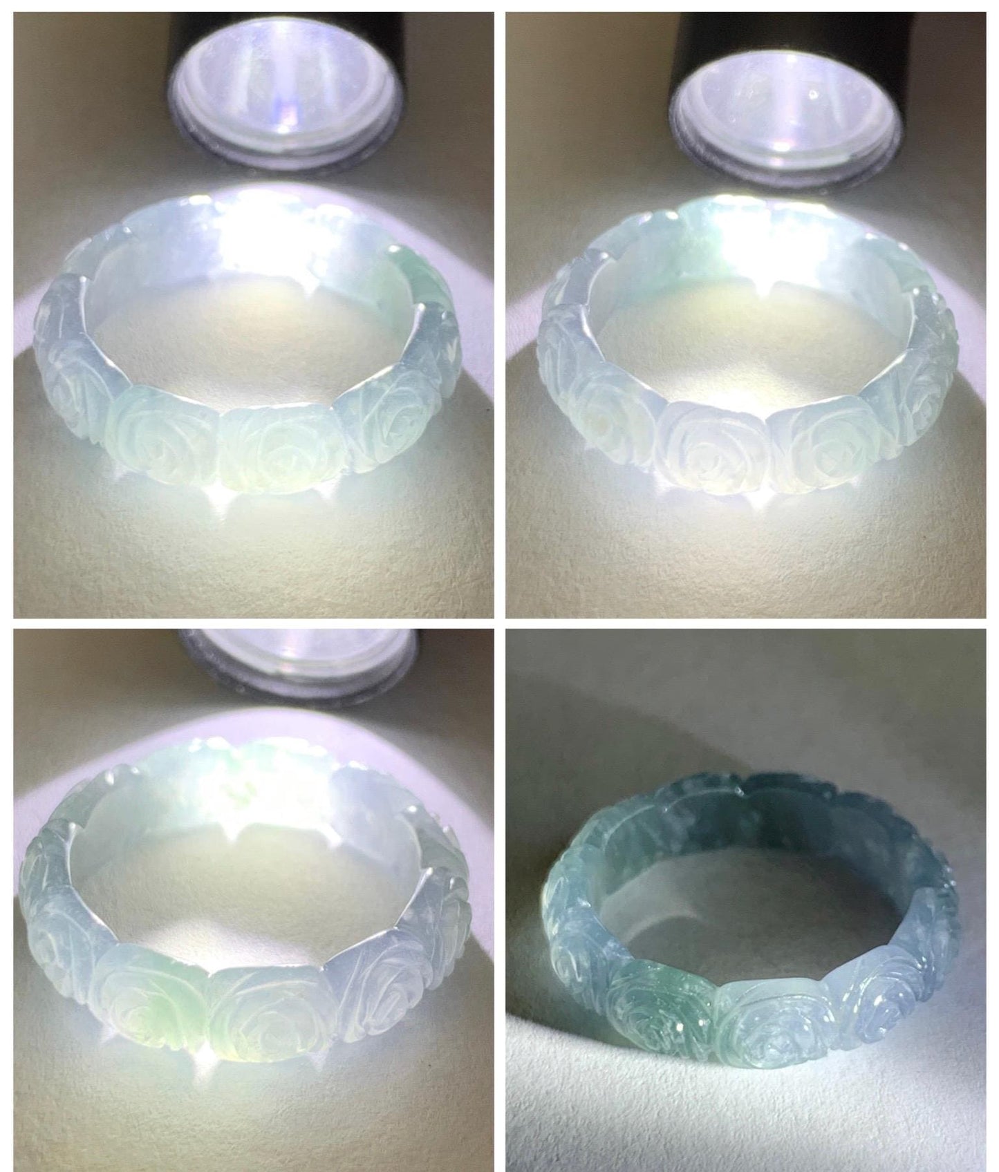 Grade A Natural Guatemalan Icy Highly Translucent Pastel Dusty Blue Jade Jadeite Carved Rose Band Ring Size 7.75 US 天然冰危浅蓝翡翠玫瑰花戒圈 WQM280B