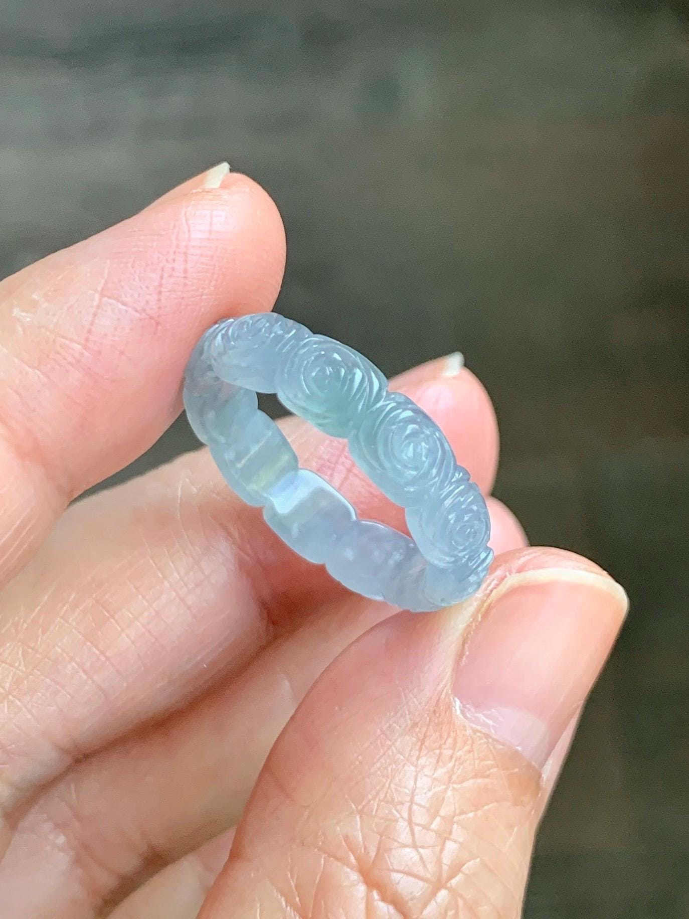 Grade A Natural Guatemalan Icy Highly Translucent Pastel Dusty Blue Jade Jadeite Carved Rose Band Ring Size 7.75 US 天然冰危浅蓝翡翠玫瑰花戒圈 WQM280B