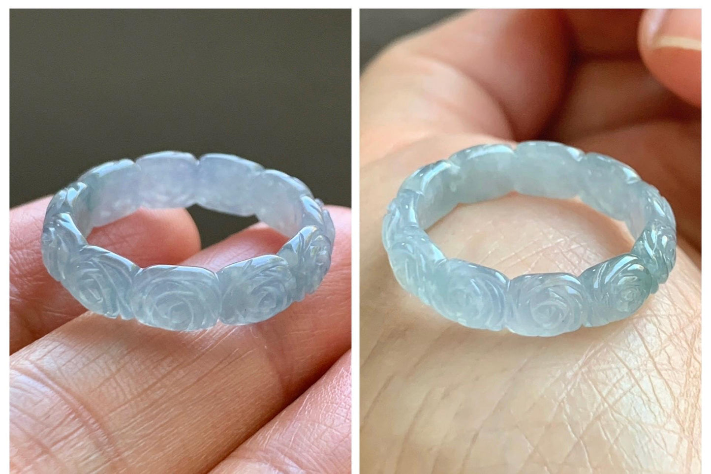 Grade A Natural Guatemalan Icy Highly Translucent Pastel Dusty Blue Jade Jadeite Carved Rose Band Ring Size 7.75 US 天然冰危浅蓝翡翠玫瑰花戒圈 WQM280B