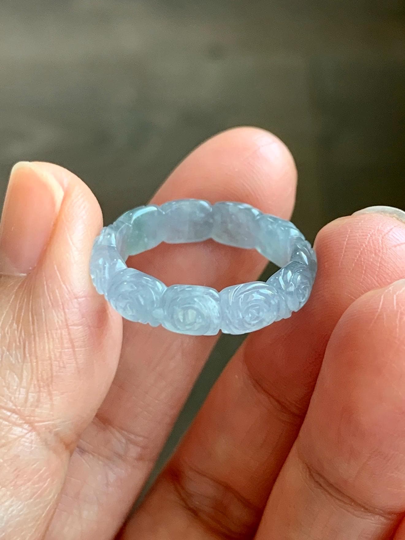Grade A Natural Guatemalan Icy Highly Translucent Pastel Dusty Blue Jade Jadeite Carved Rose Band Ring Size 7.75 US 天然冰危浅蓝翡翠玫瑰花戒圈 WQM280B