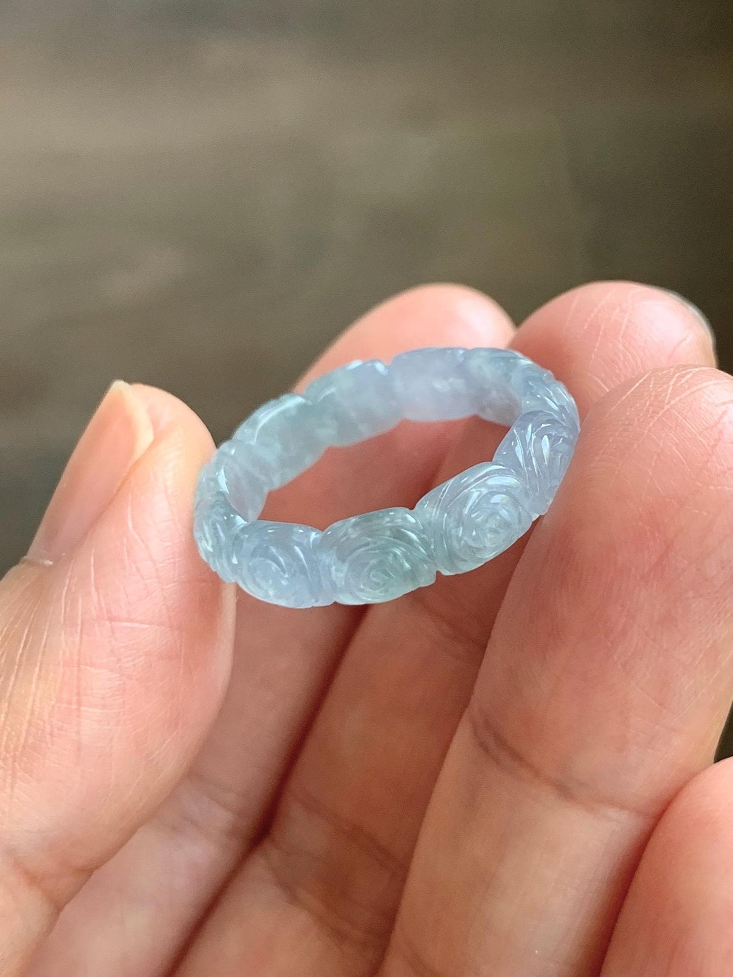 Grade A Natural Guatemalan Icy Highly Translucent Pastel Dusty Blue Jade Jadeite Carved Rose Band Ring Size 7.75 US 天然冰危浅蓝翡翠玫瑰花戒圈 WQM280B