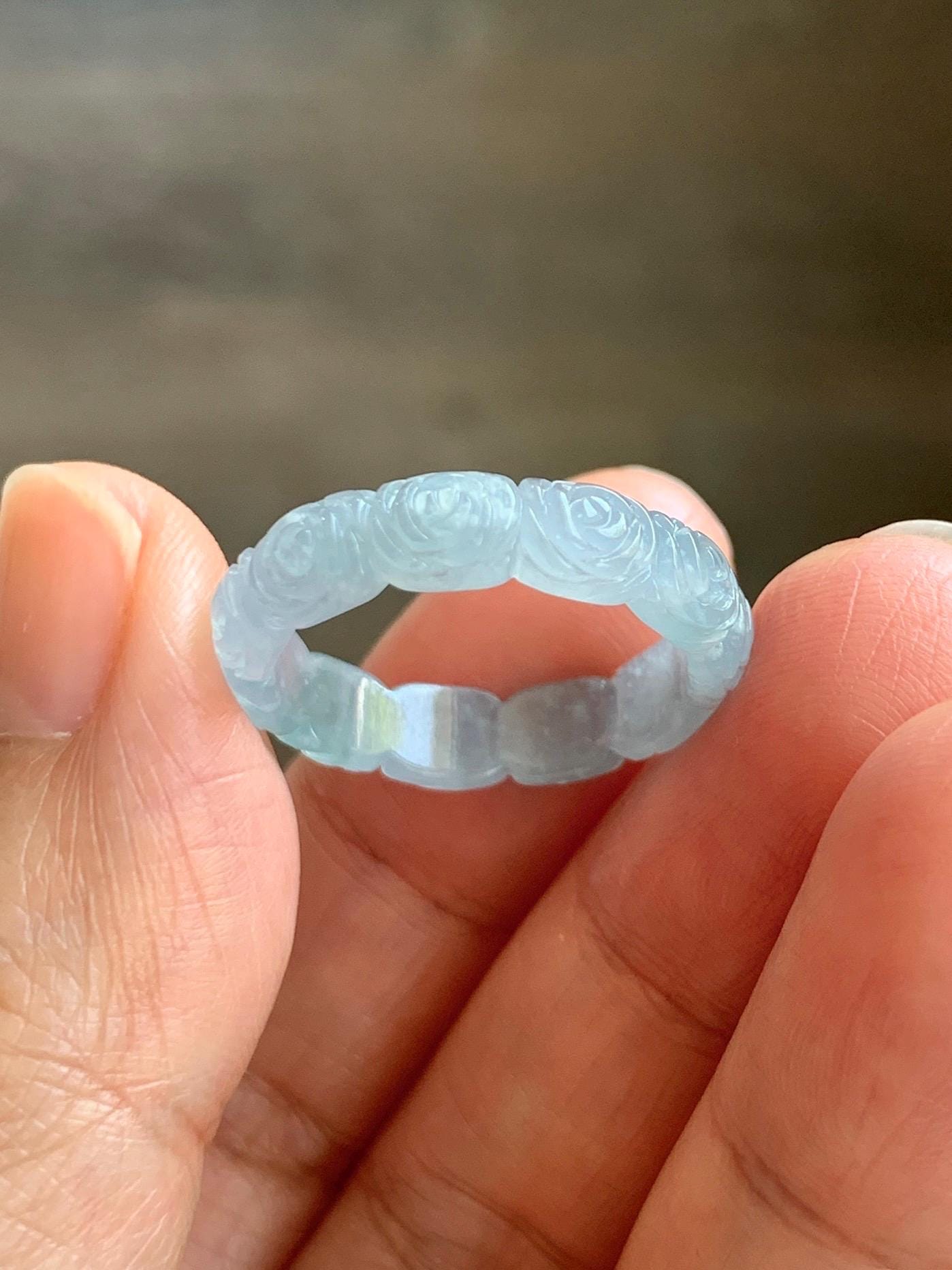 Grade A Natural Guatemalan Icy Highly Translucent Pastel Dusty Blue Jade Jadeite Carved Rose Band Ring Size 7.75 US 天然冰危浅蓝翡翠玫瑰花戒圈 WQM280B