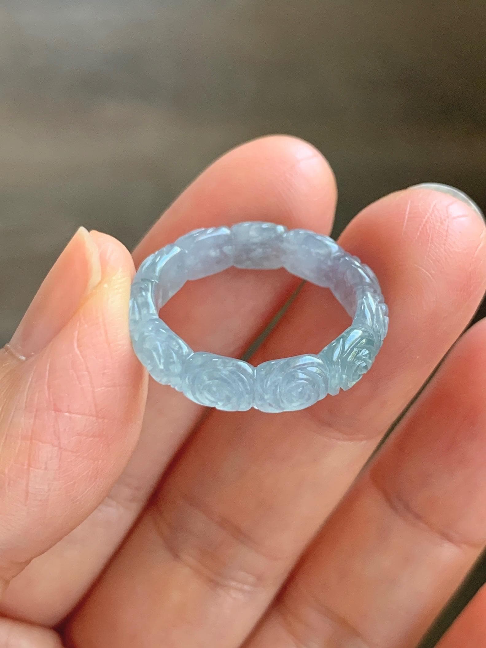 Grade A Natural Guatemalan Icy Highly Translucent Pastel Dusty Blue Jade Jadeite Carved Rose Band Ring Size 7.75 US 天然冰危浅蓝翡翠玫瑰花戒圈 WQM280B
